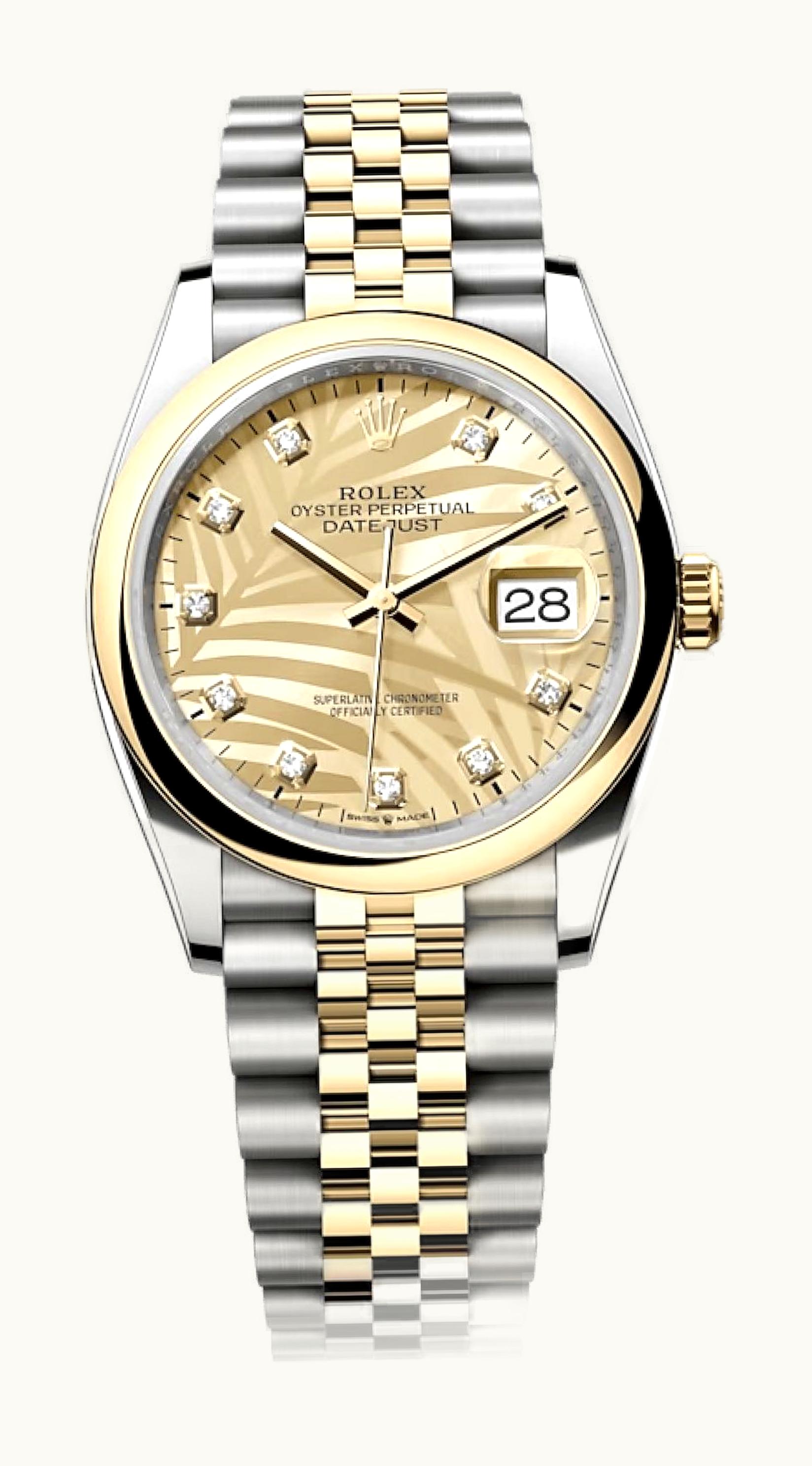 Rolex Datejust 36 Stainless Steel  - Yellow Gold - Domed / Champagne - Palm - Diamond / Jubilee