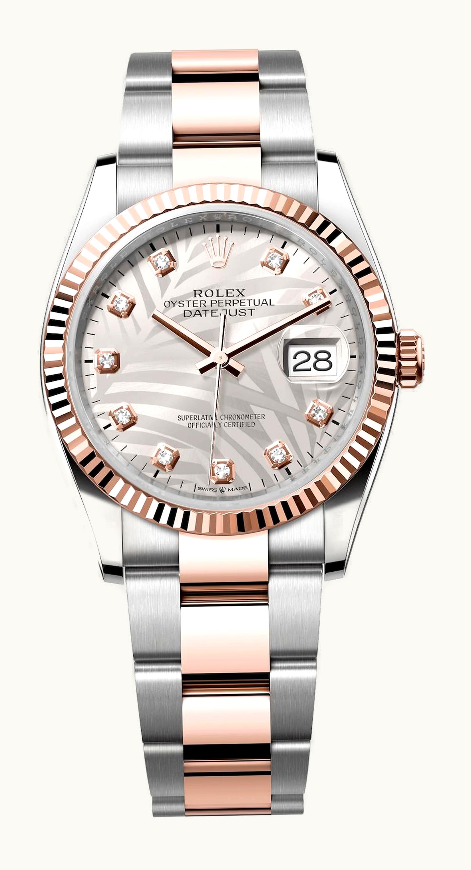 Rolex Datejust 36 Stainless Steel / Everose / Fluted / Silver - Palm - Diamond / Oyster