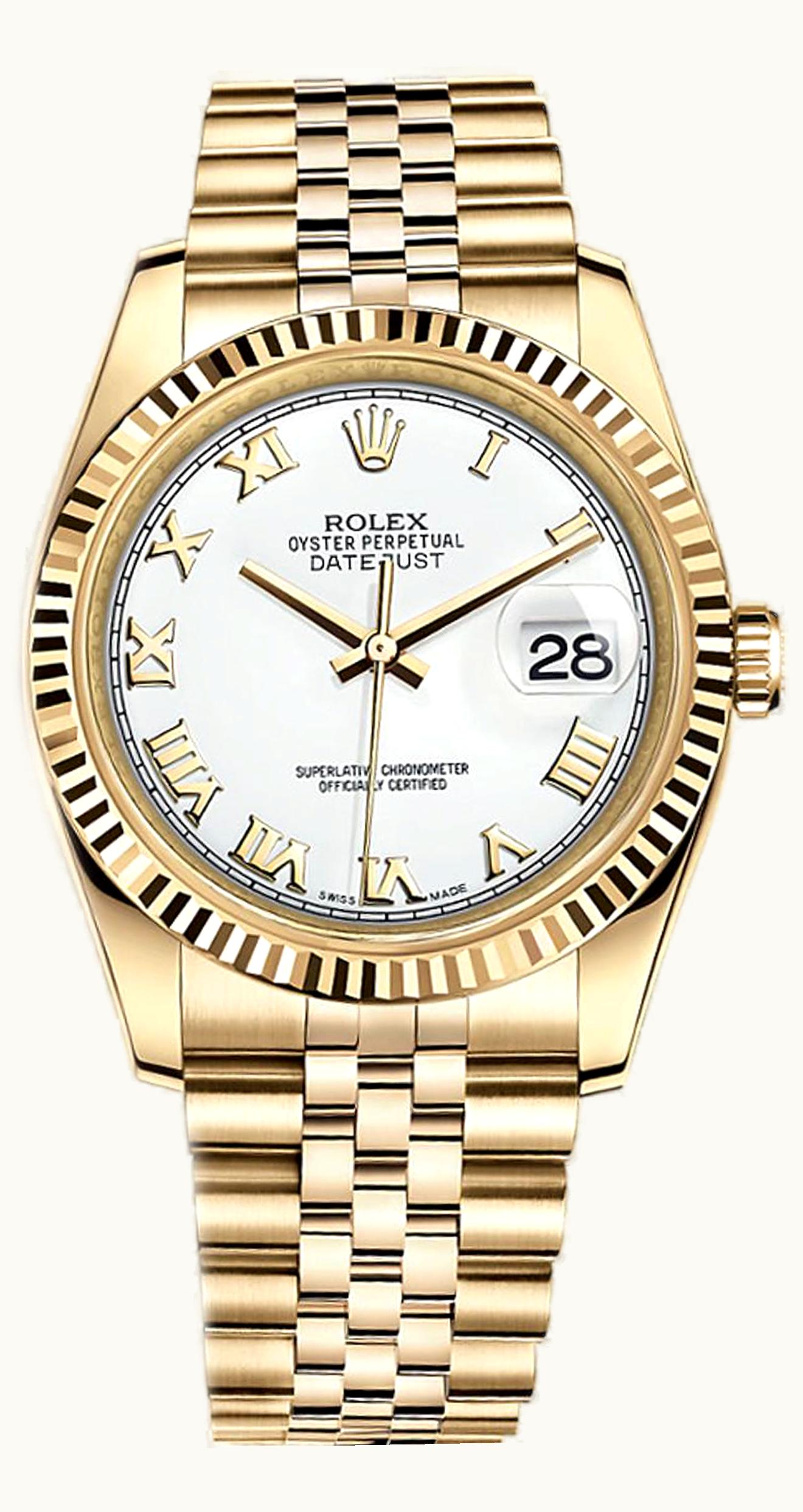 Rolex Datejust 36 Yellow Gold Fluted / Jubilee / White Roman
