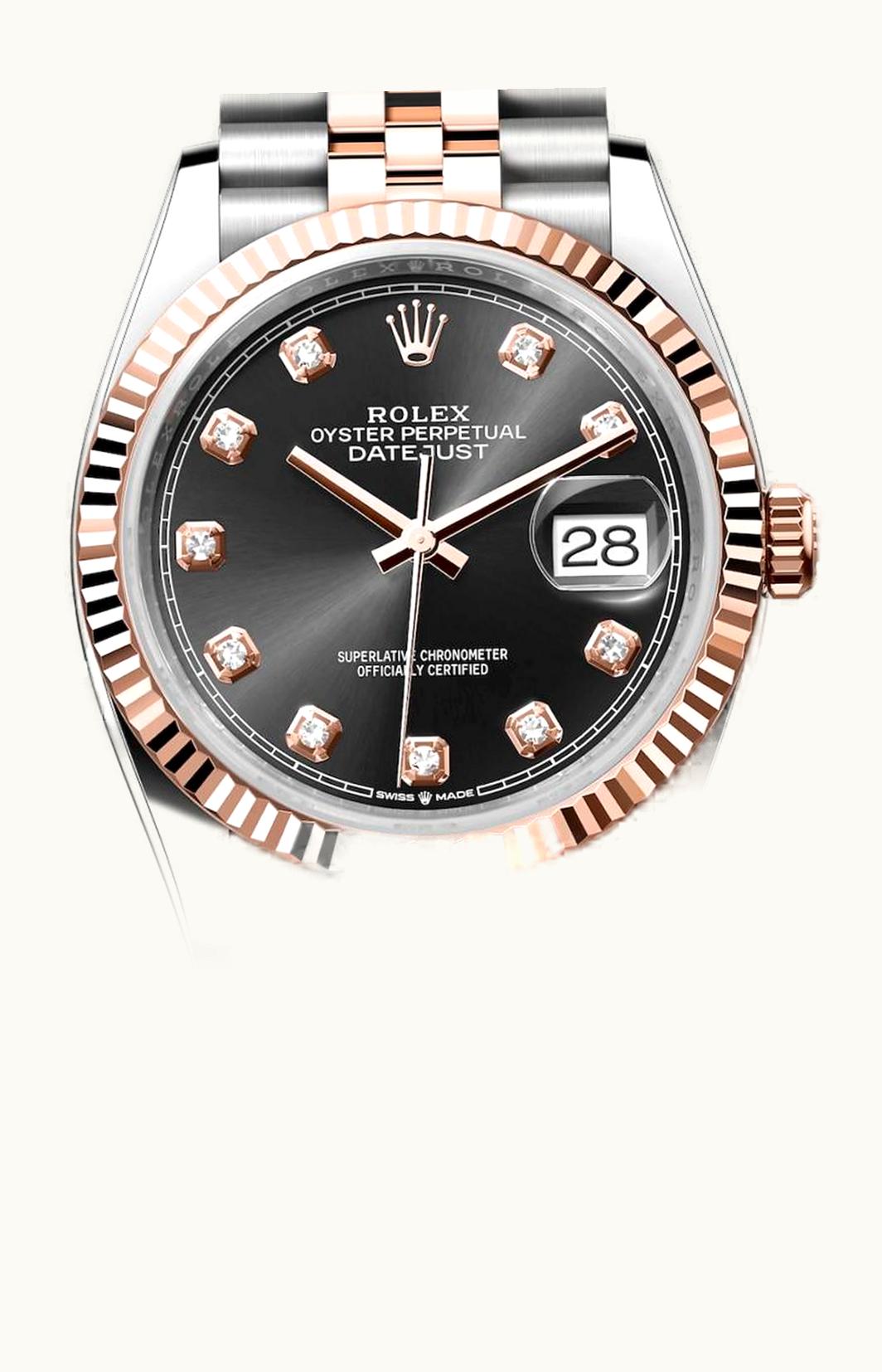 Rolex Datejust 36 Everose Strap Black Mother of Pearl Diamonds