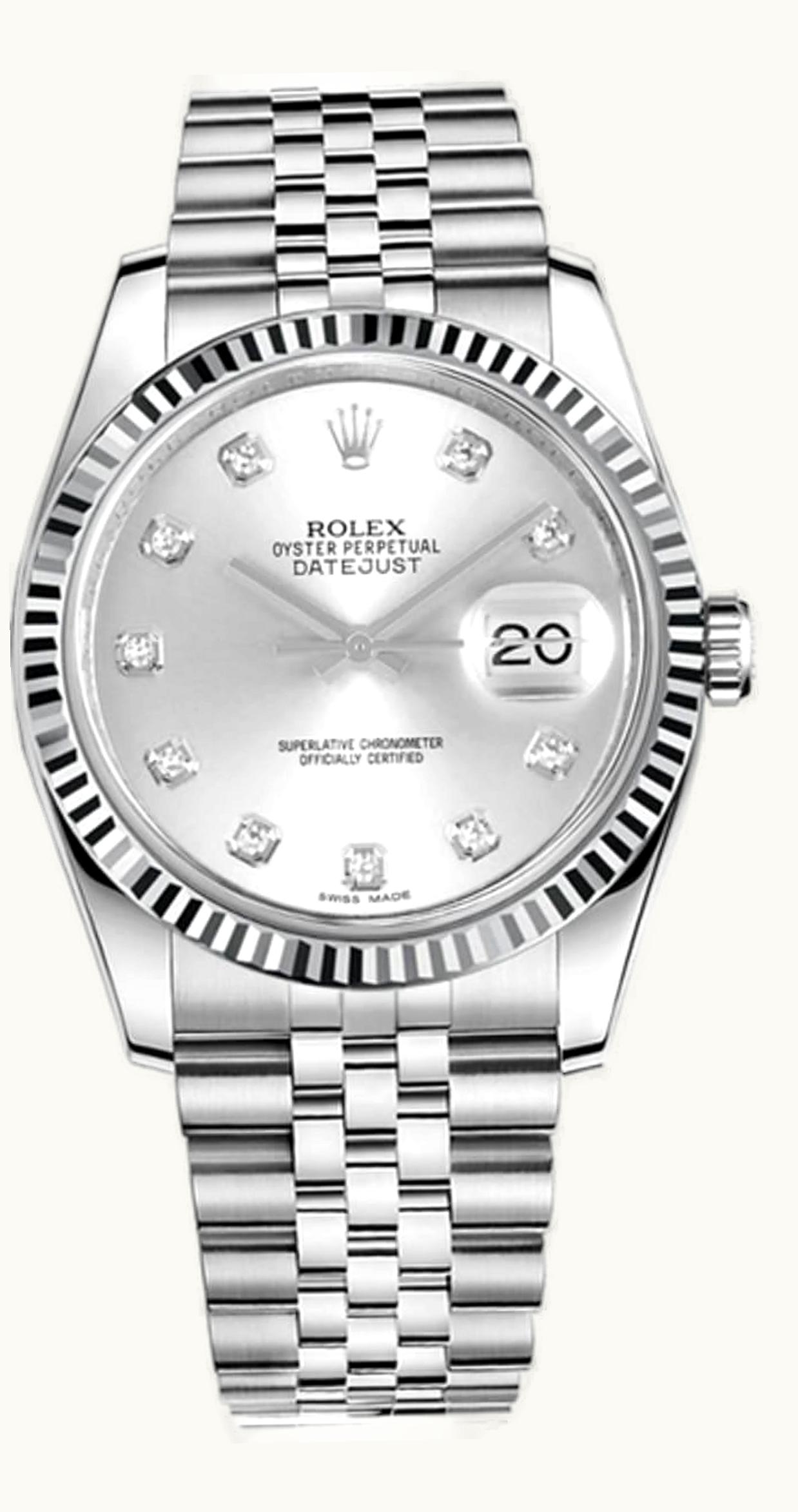 Rolex Datejust 36 Stainless Steel Fluted / Jubilee / Silver Diamond