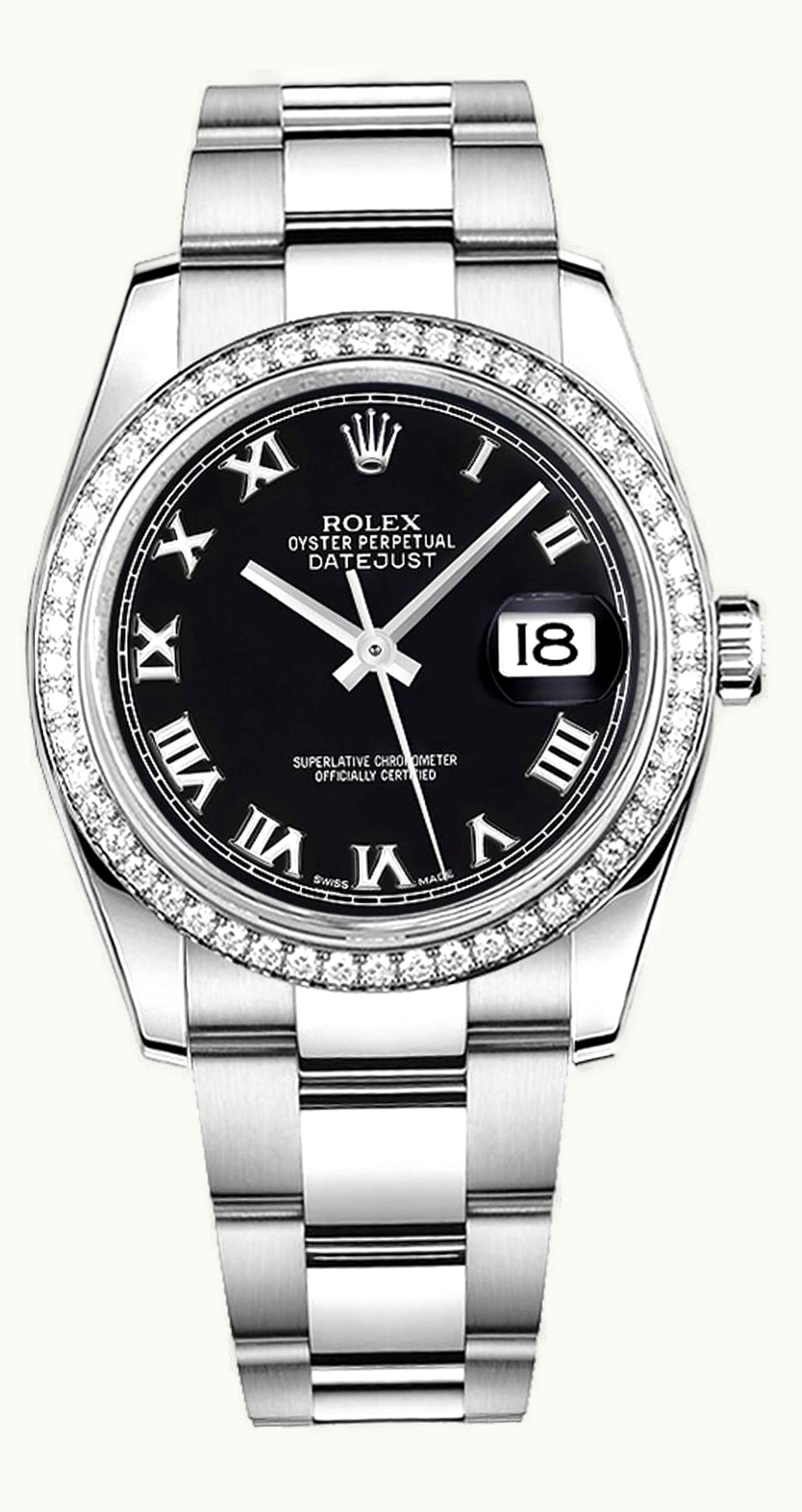 Rolex Datejust 36 Stainless Steel Diamond / Oyster / Black Roman