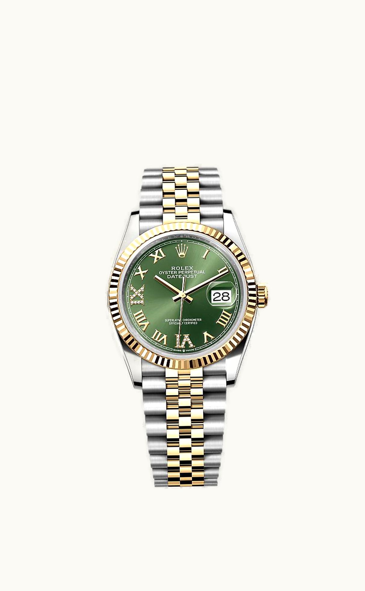 Rolex Datejust 36 Stainless Steel / Yellow Gold / Fluted / Olive Green Roman Diamond / Jubilee