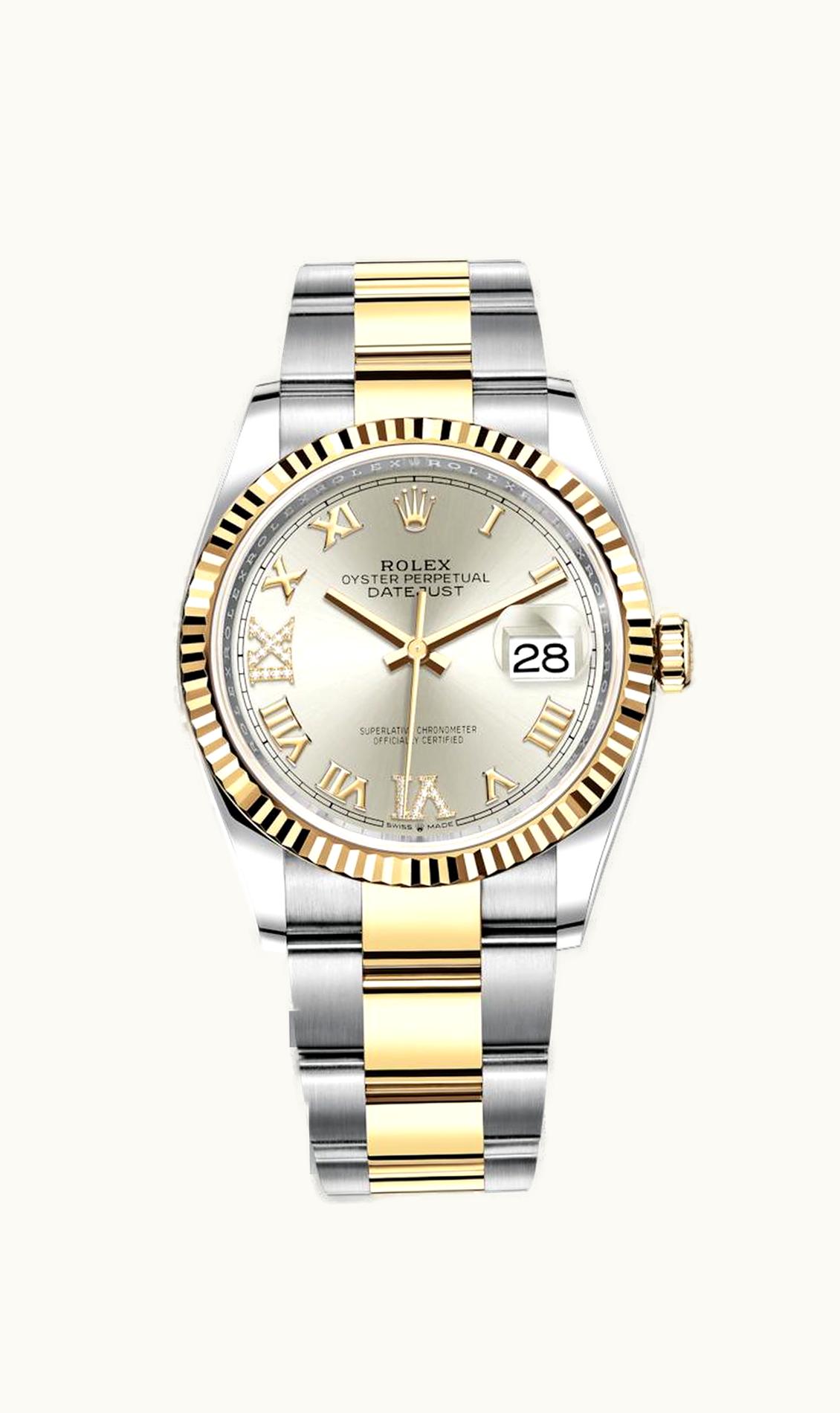 Rolex Datejust 36 Stainless Steel / Yellow Gold / Fluted / Silver Roman Diamond / Oyster