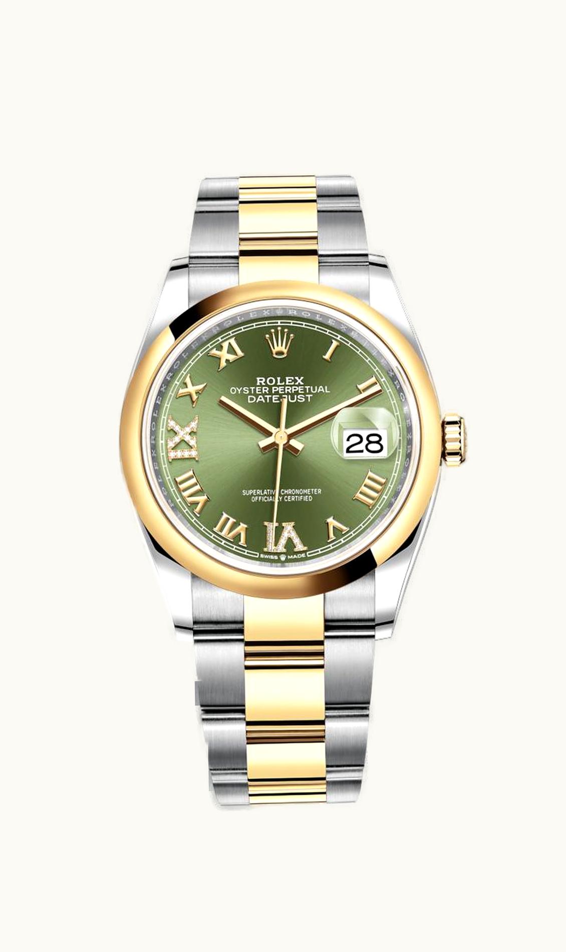 Rolex Datejust 36 Stainless Steel / Yellow Gold / Smooth / Olive Green Roman Diamond / Oyster