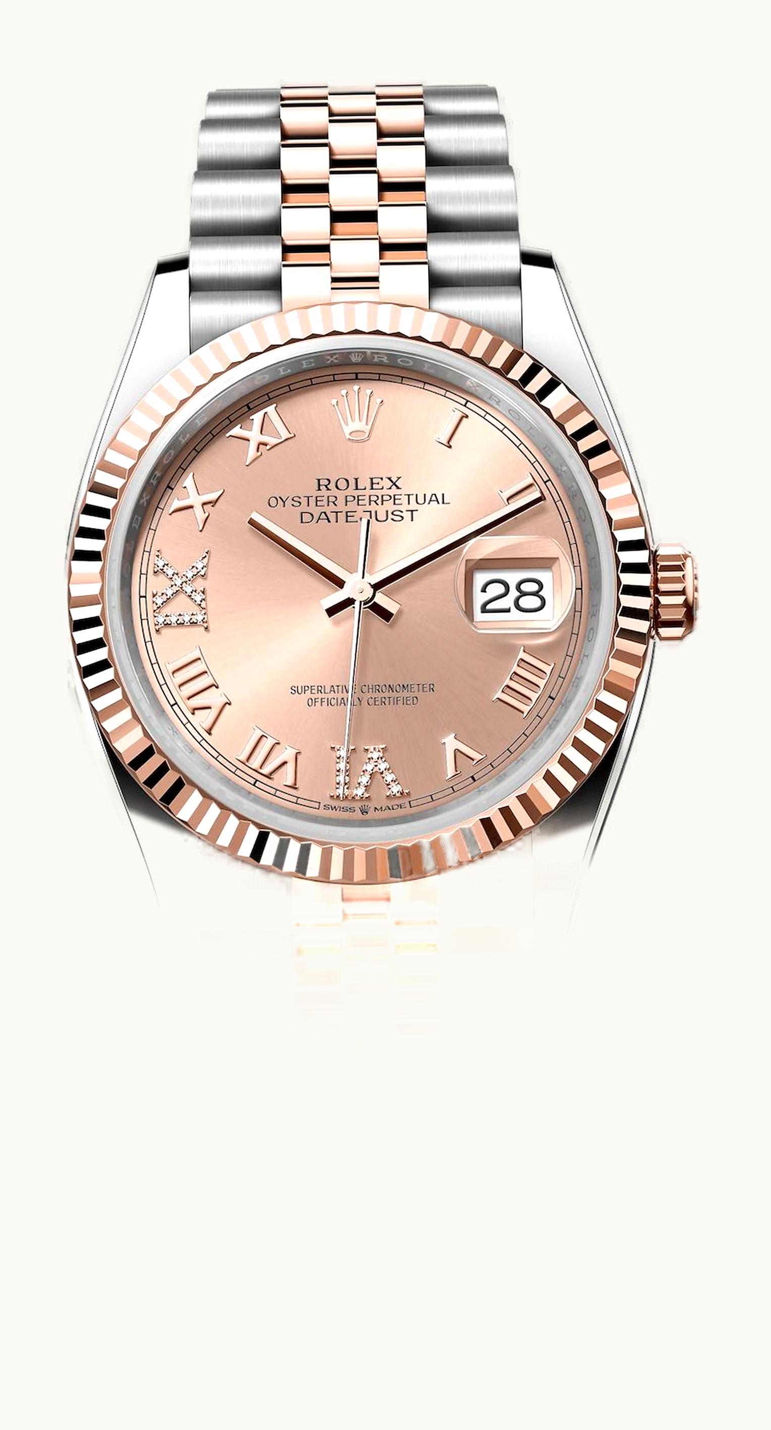 Rolex Datejust 36 Stainless Steel / Everose / Fluted / Rose Roman Diamond / Jubilee
