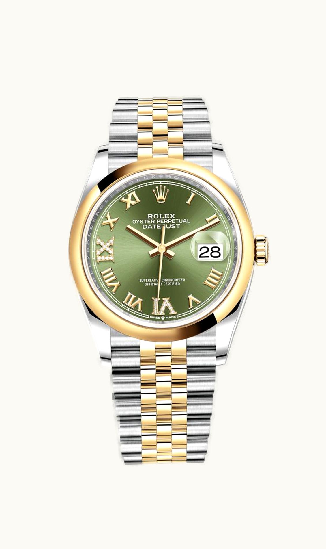 Rolex Datejust 36 Stainless Steel / Yellow Gold / Smooth / Olive Green Roman Diamond / Jubilee