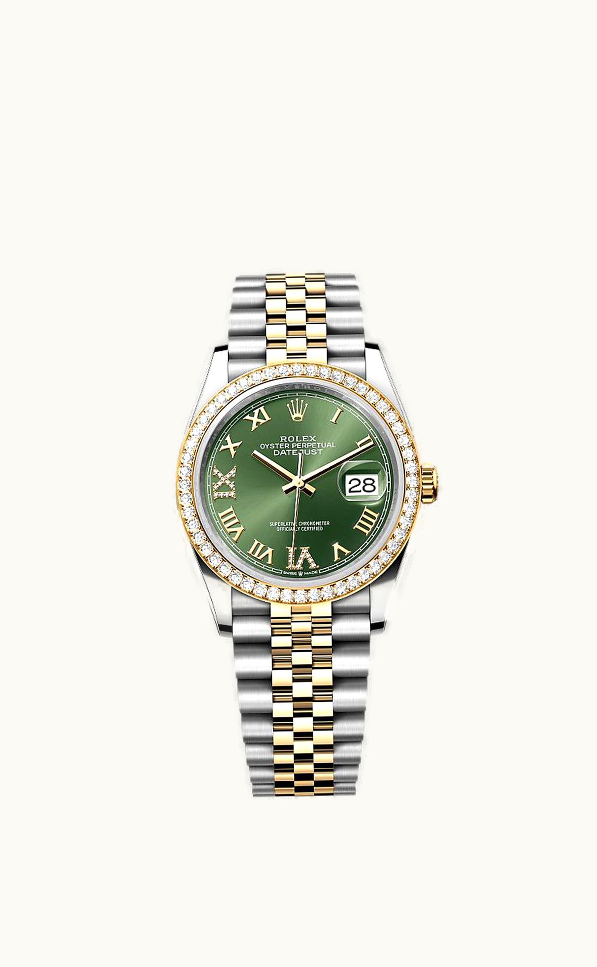 Rolex Datejust 36 Stainless Steel / Yellow Gold / Diamond / Olive Green Roman Diamond / Jubilee