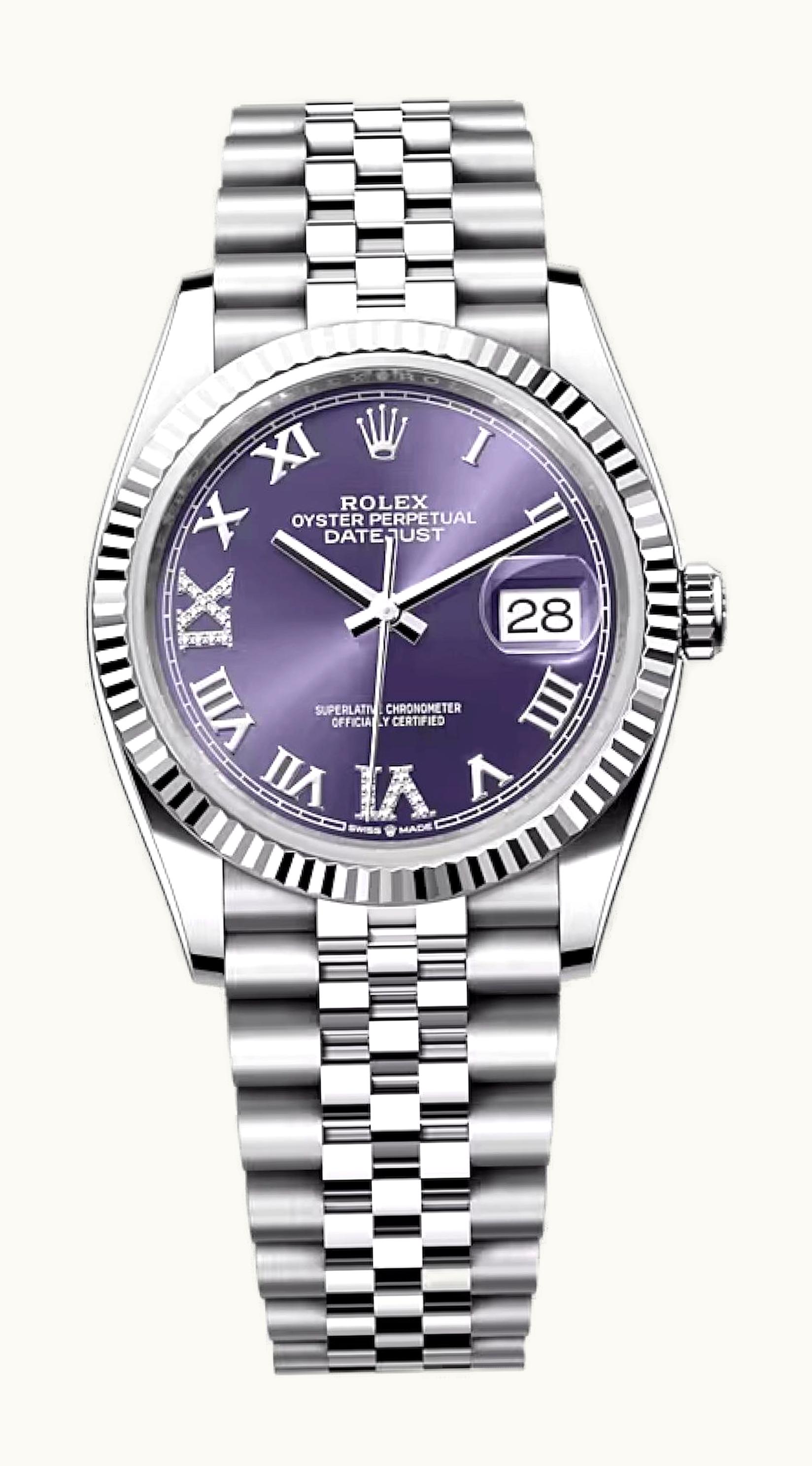 Rolex Datejust 36 Stainless Steel / Fluted / Aubergine Roman-Diamonds / Jubilee