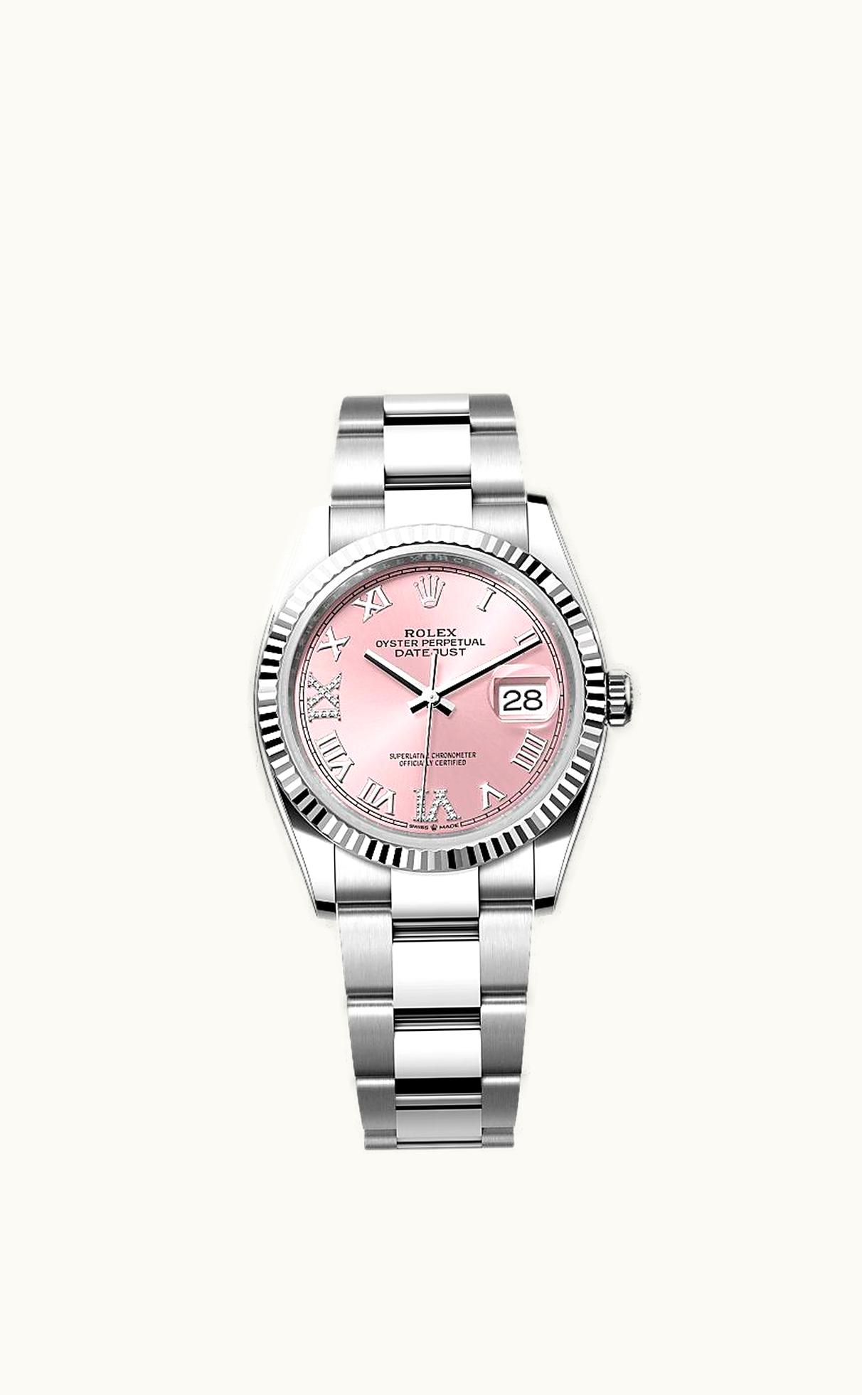 Rolex Datejust 36 Stainless Steel / Fluted / Pink Roman-Diamonds / Oyster