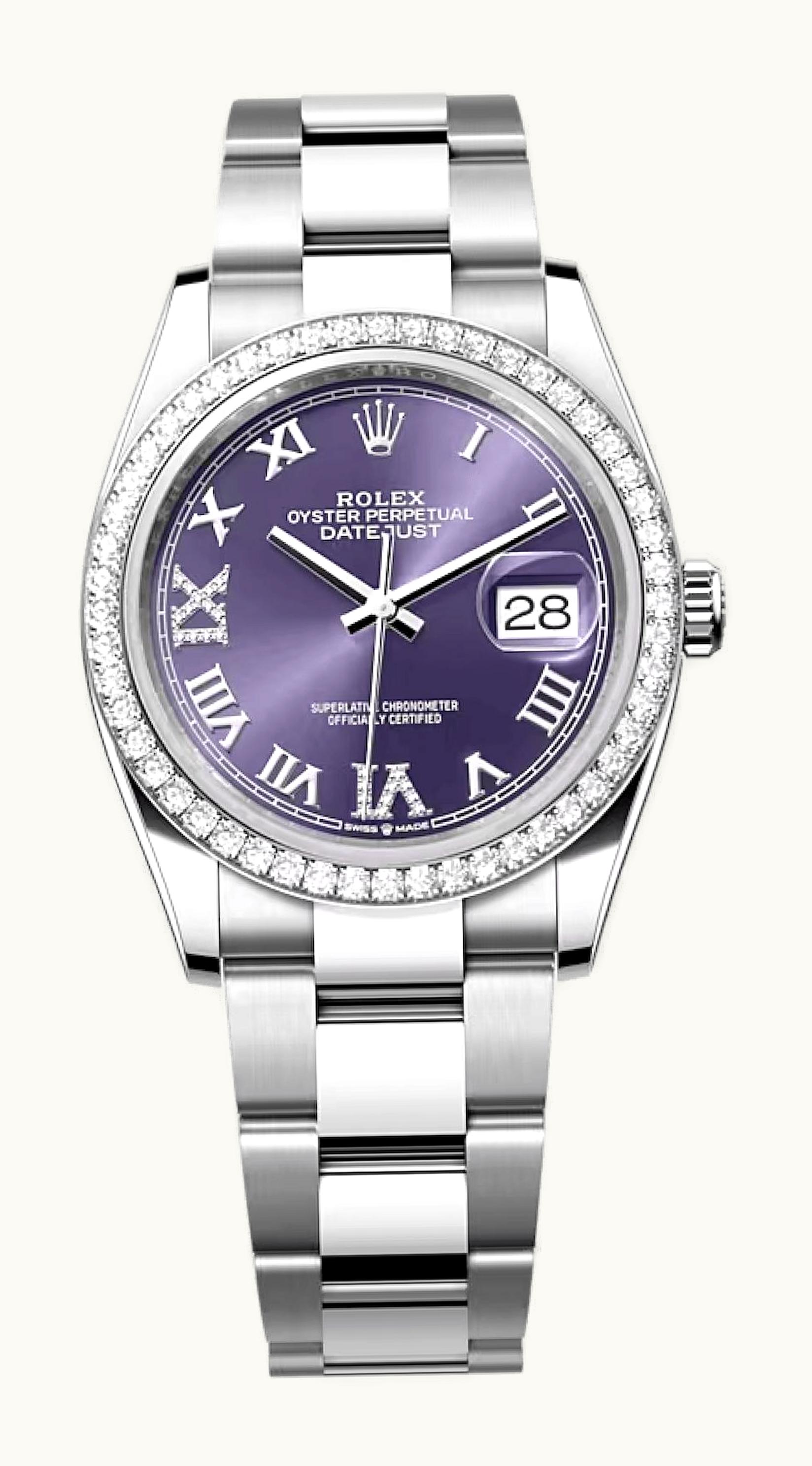 Rolex Datejust 36 Stainless Steel / Diamond / Aubergine Roman-Diamonds / Oyster