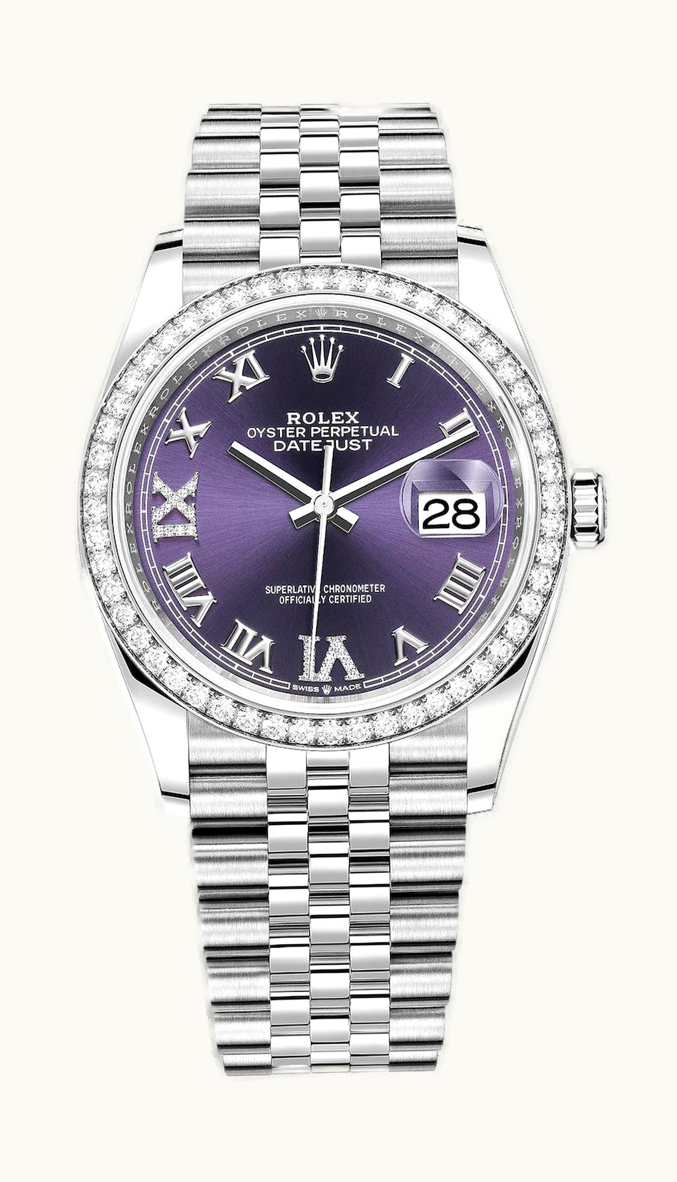 Rolex Datejust 36 Stainless Steel / Diamond / Aubergine Roman-Diamonds / Jubilee