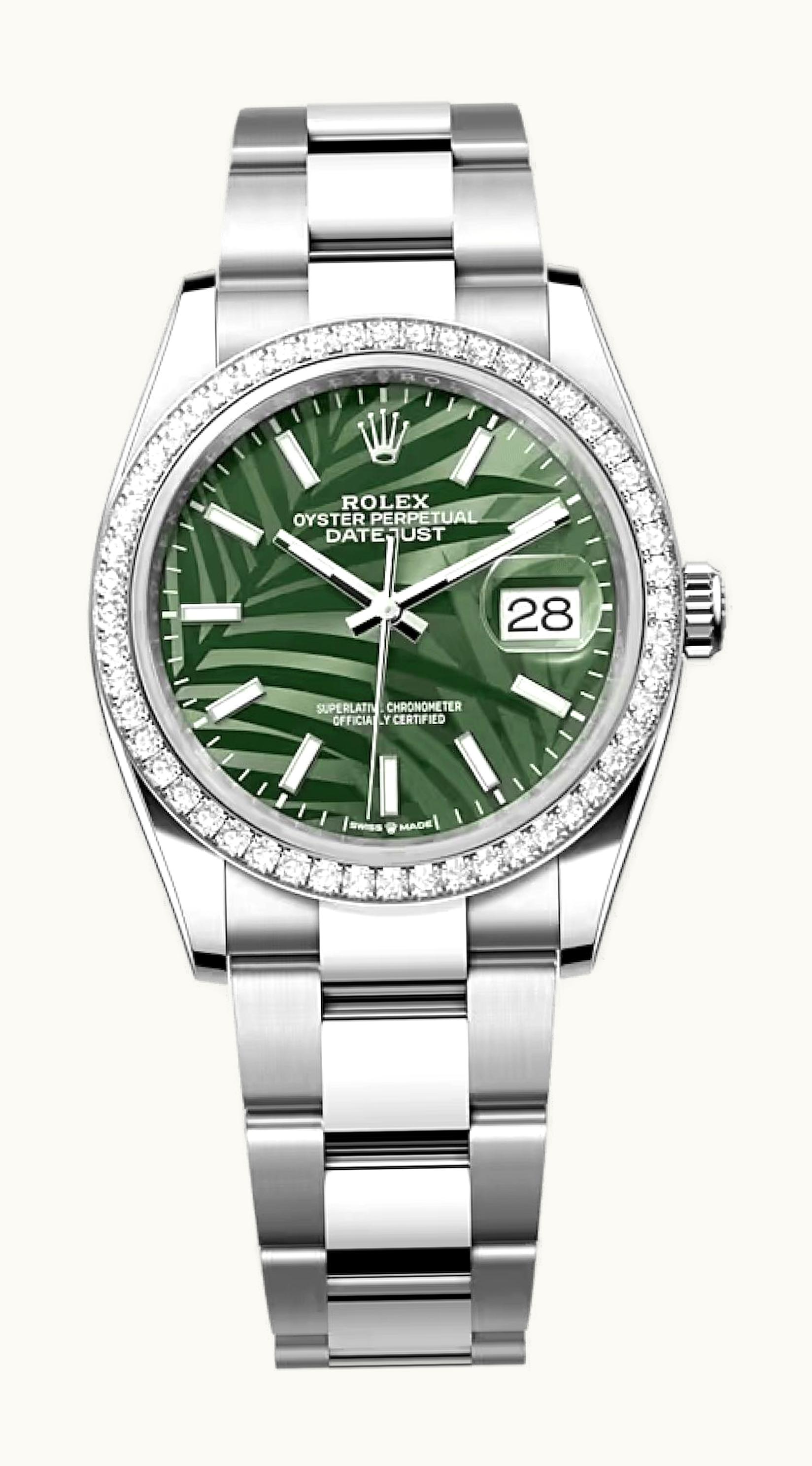 Rolex Datejust 36 Stainless Steel / Diamond / Green - Palm / Oyster