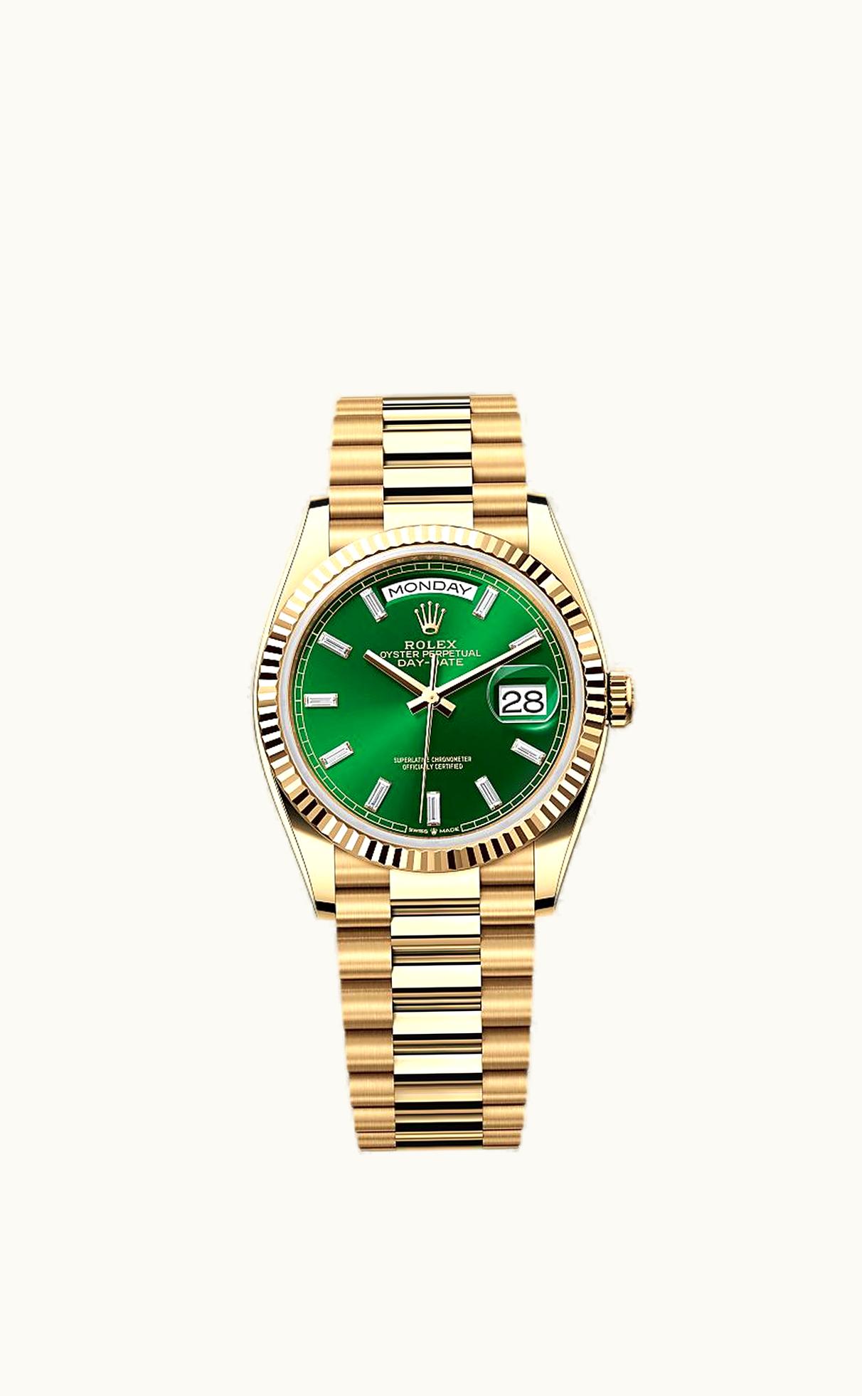 Rolex Day-Date 36 Yellow Gold / Fluted / Bright Green - Baguette / President