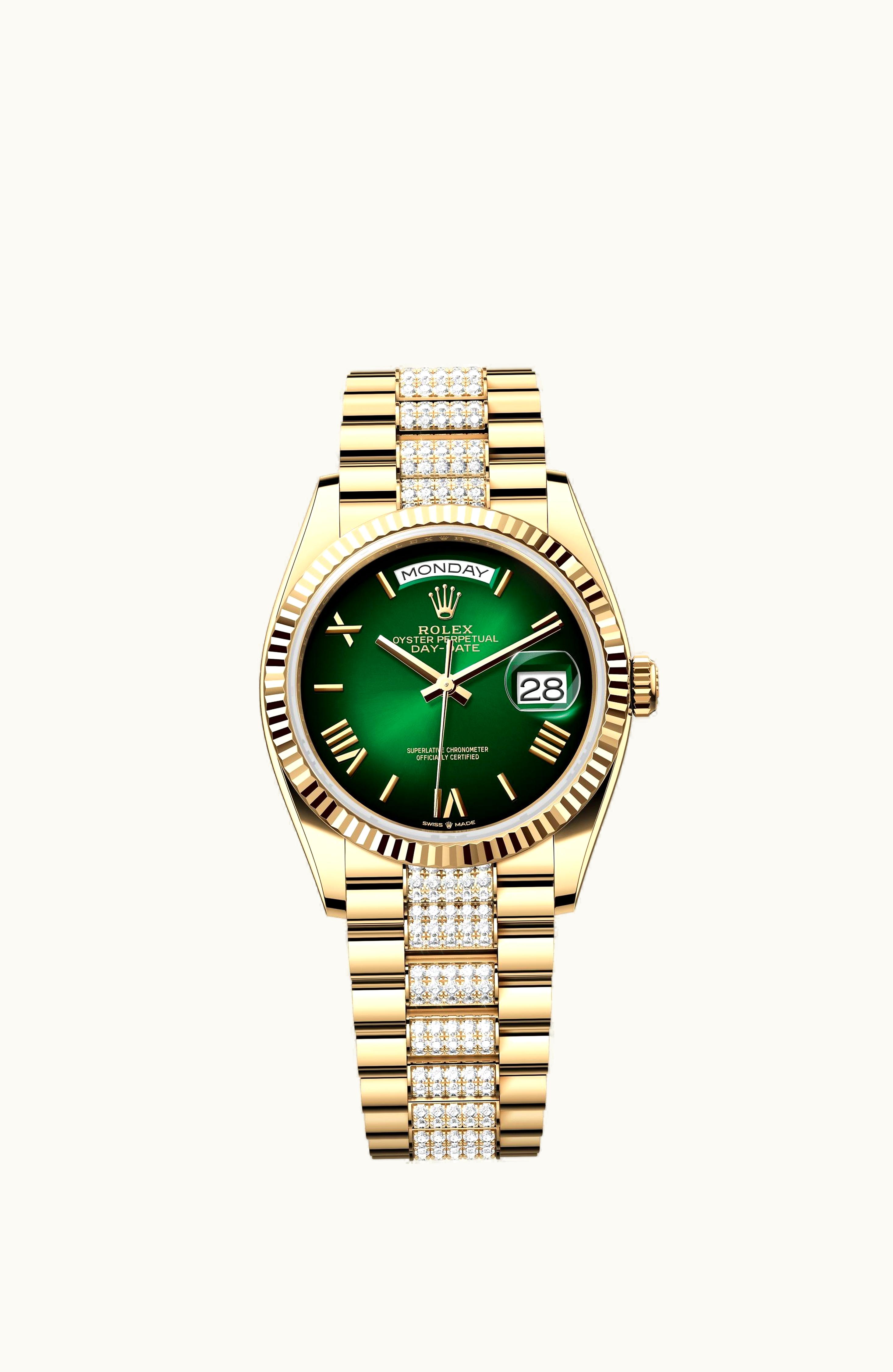 Rolex Day-Date 36 Yellow Gold / Fluted / Green Ombré - Roman / President - Diamond