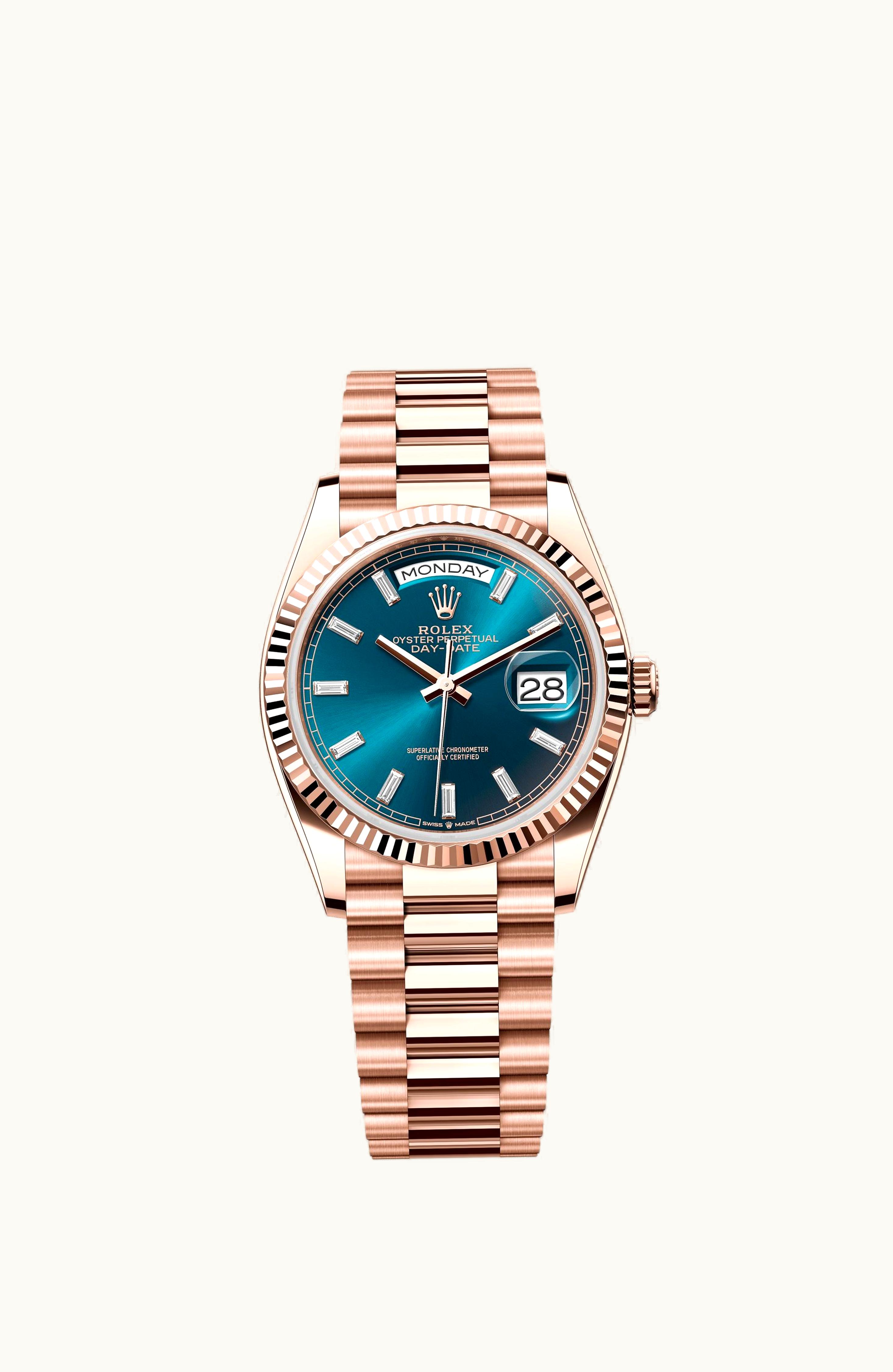 Rolex Day-Date 36 Everose Gold - Fluted / Blue-Green - Baguette / President