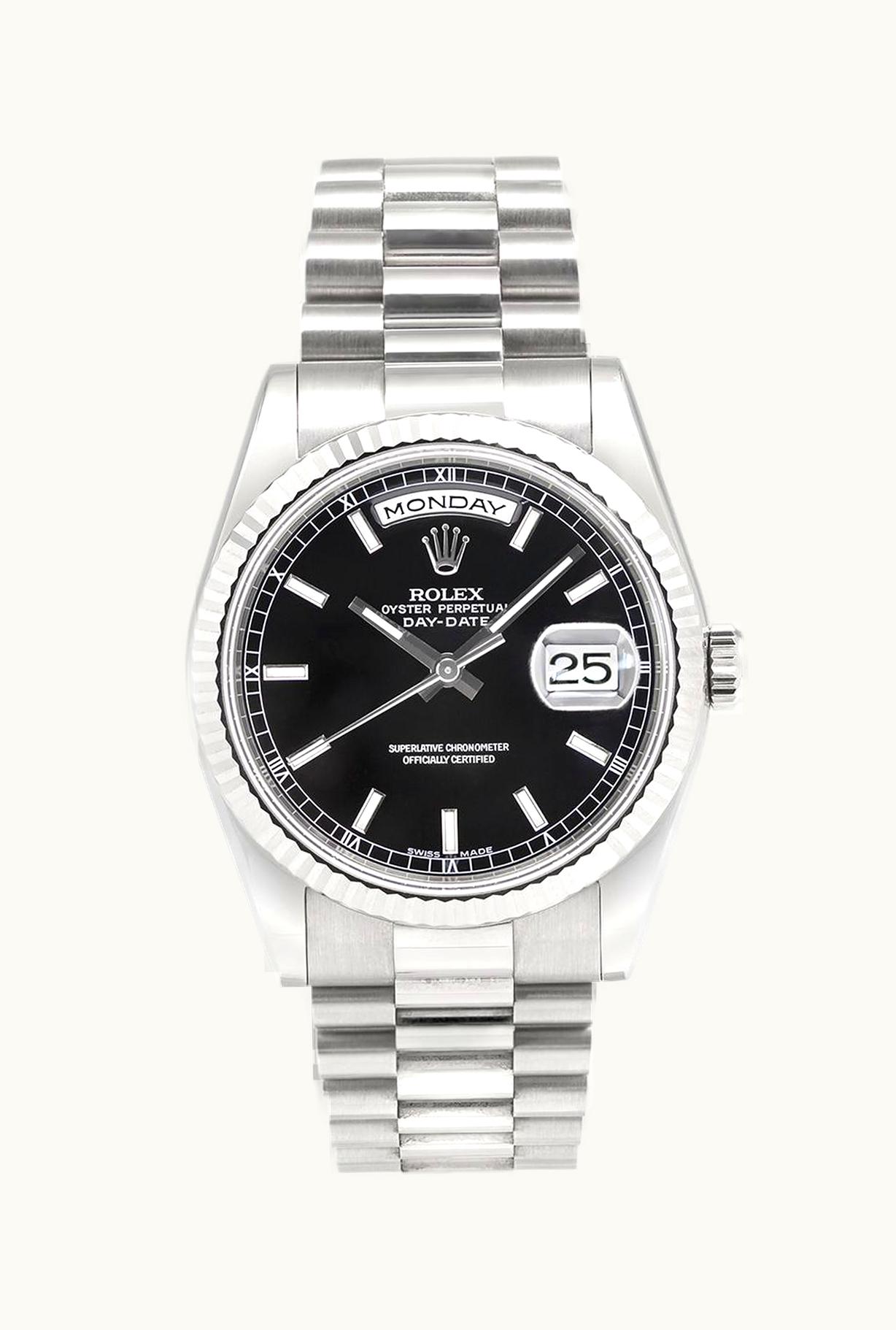 Rolex Day-Date 36 White Gold Fluted / Oyster / Black Diamonds