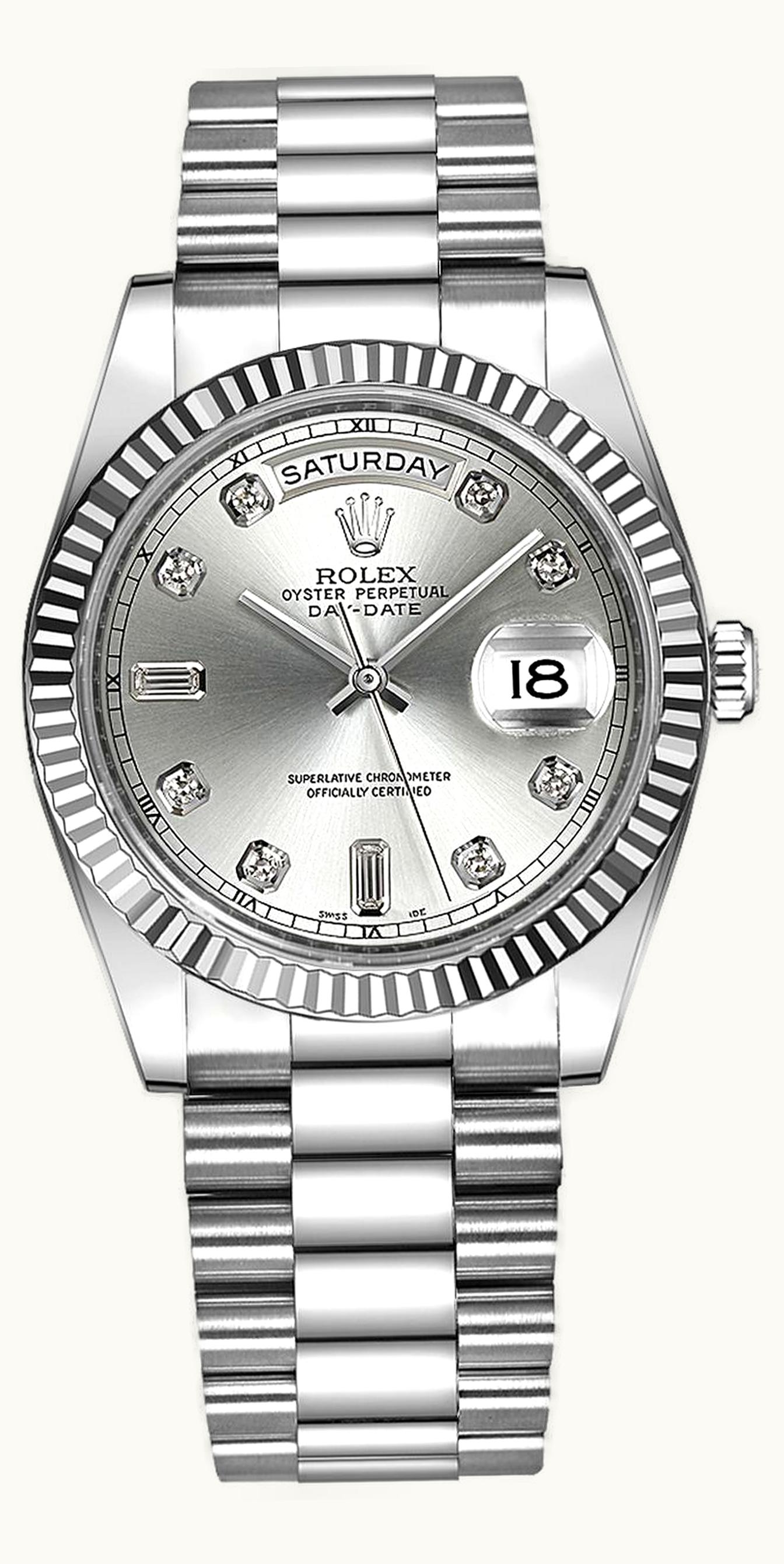 Rolex Day-Date 36 White Gold Fluted / President / Silver Diamond