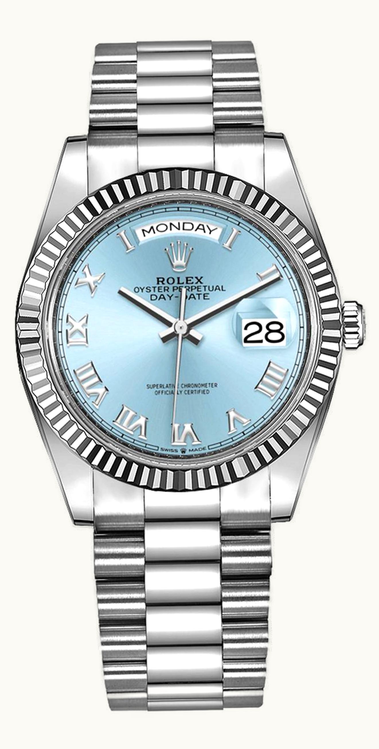 Rolex Day-Date 36 Platinum - Fluted / Ice Blue - Roman / President
