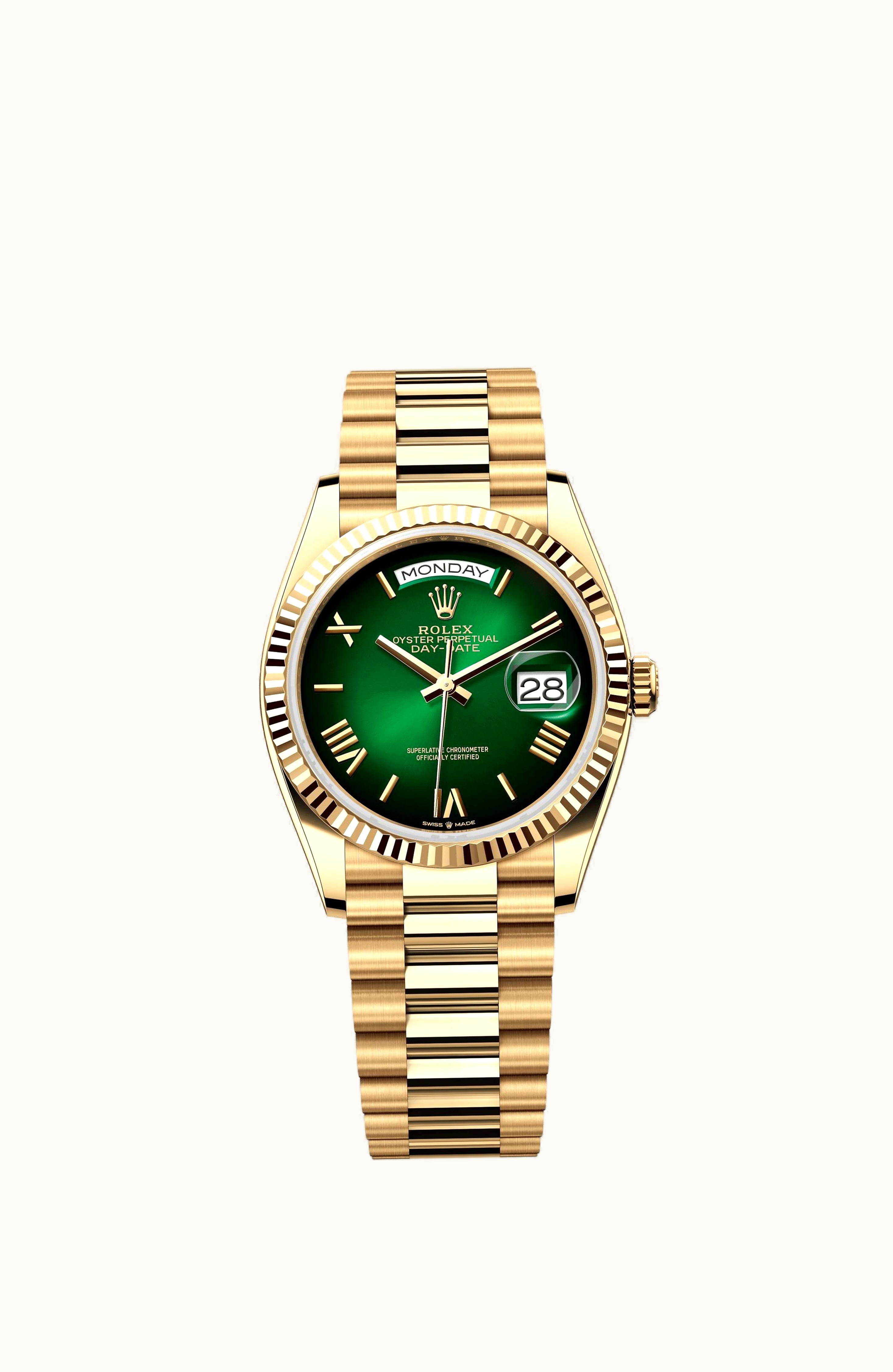 Rolex Day-Date 36 Yellow Gold - Fluted / Green Ombré - Roman / President