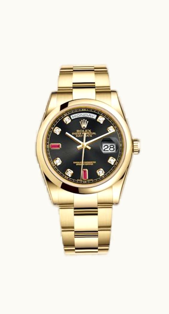 Rolex Day-Date 36 Yellow Gold Domed / Oyster / Black Diamonds Rubies