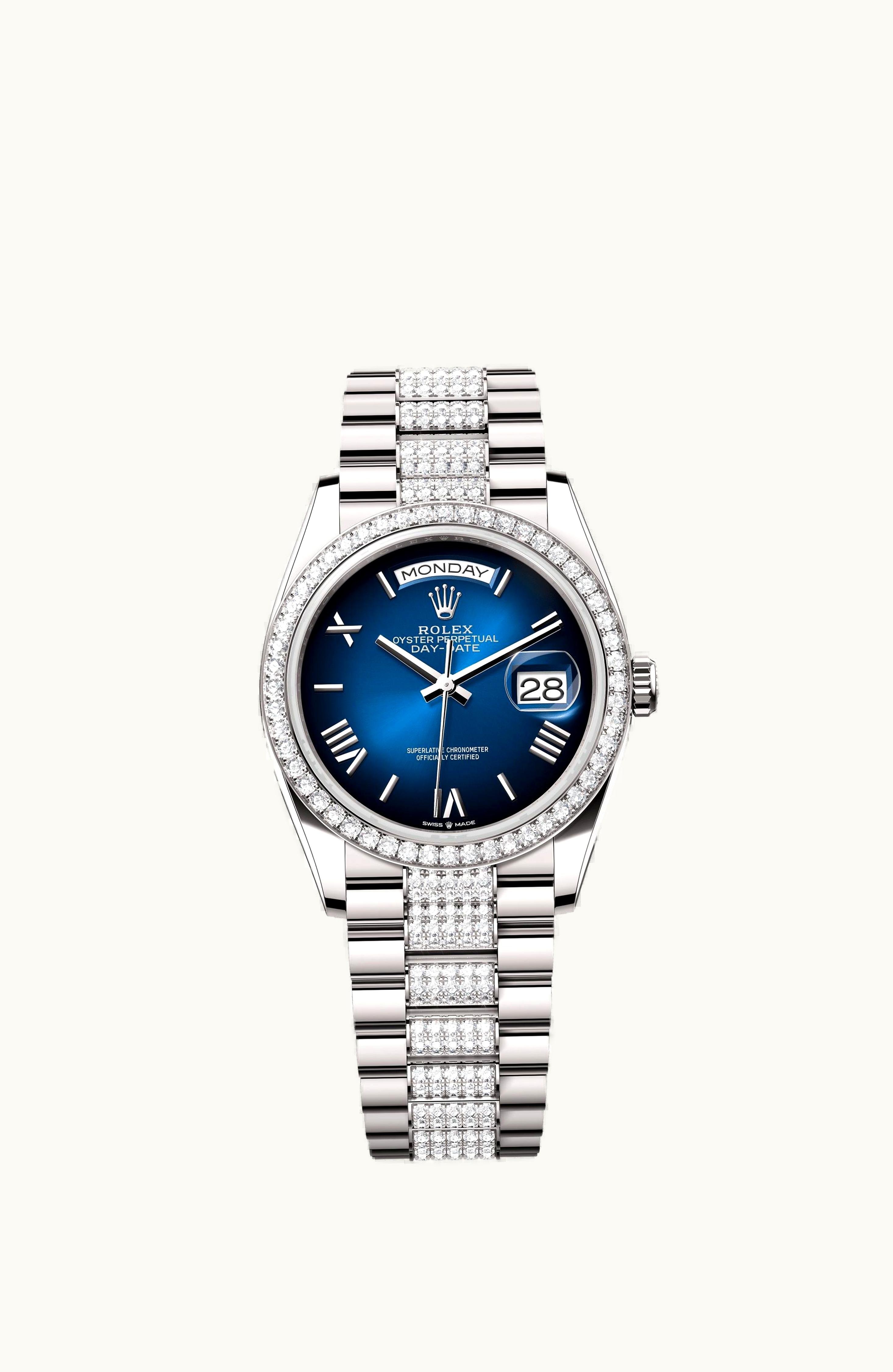 Rolex Day-Date 36 White Gold - Baguette / Blue Ombré - Diamond / President - Diamond