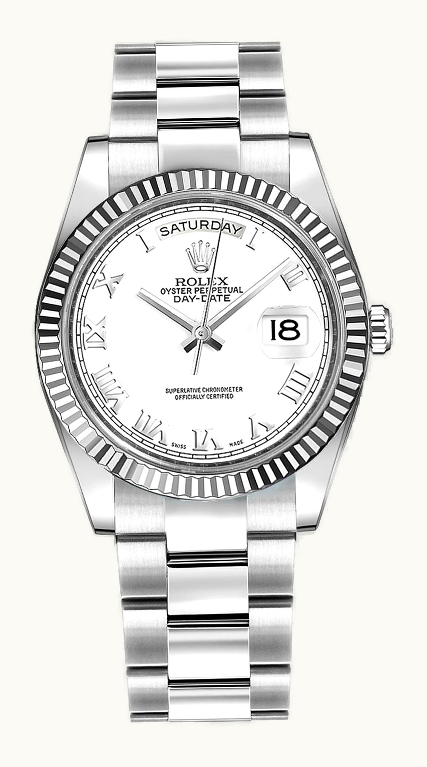 Rolex Day-Date 36 White Gold Fluted / Oyster / White Roman