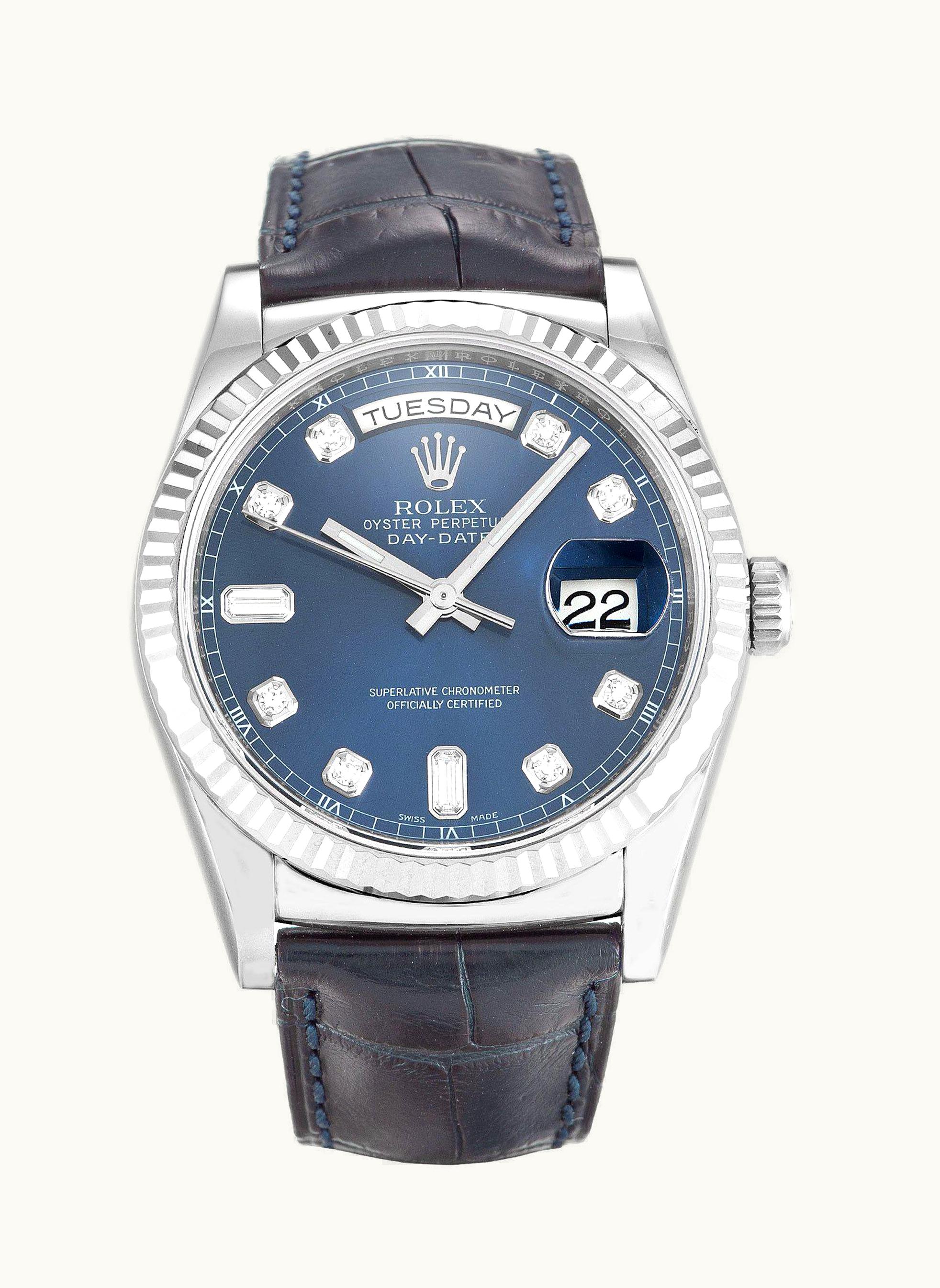 Rolex Day-Date 36 White Gold / Strap / Silver Diamond Emerald