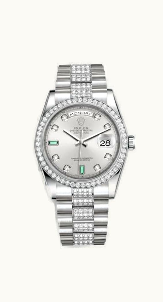 Rolex Day-Date 36 Platinum Diamonds / President Diamonds / Silver Diamond Emerald