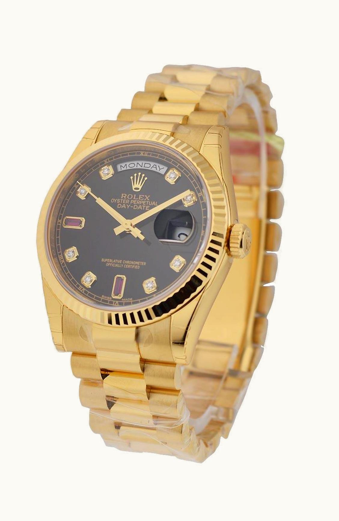 Rolex Day-Date 36 Yellow Gold Fluted / President / Black Diamonds Rubies