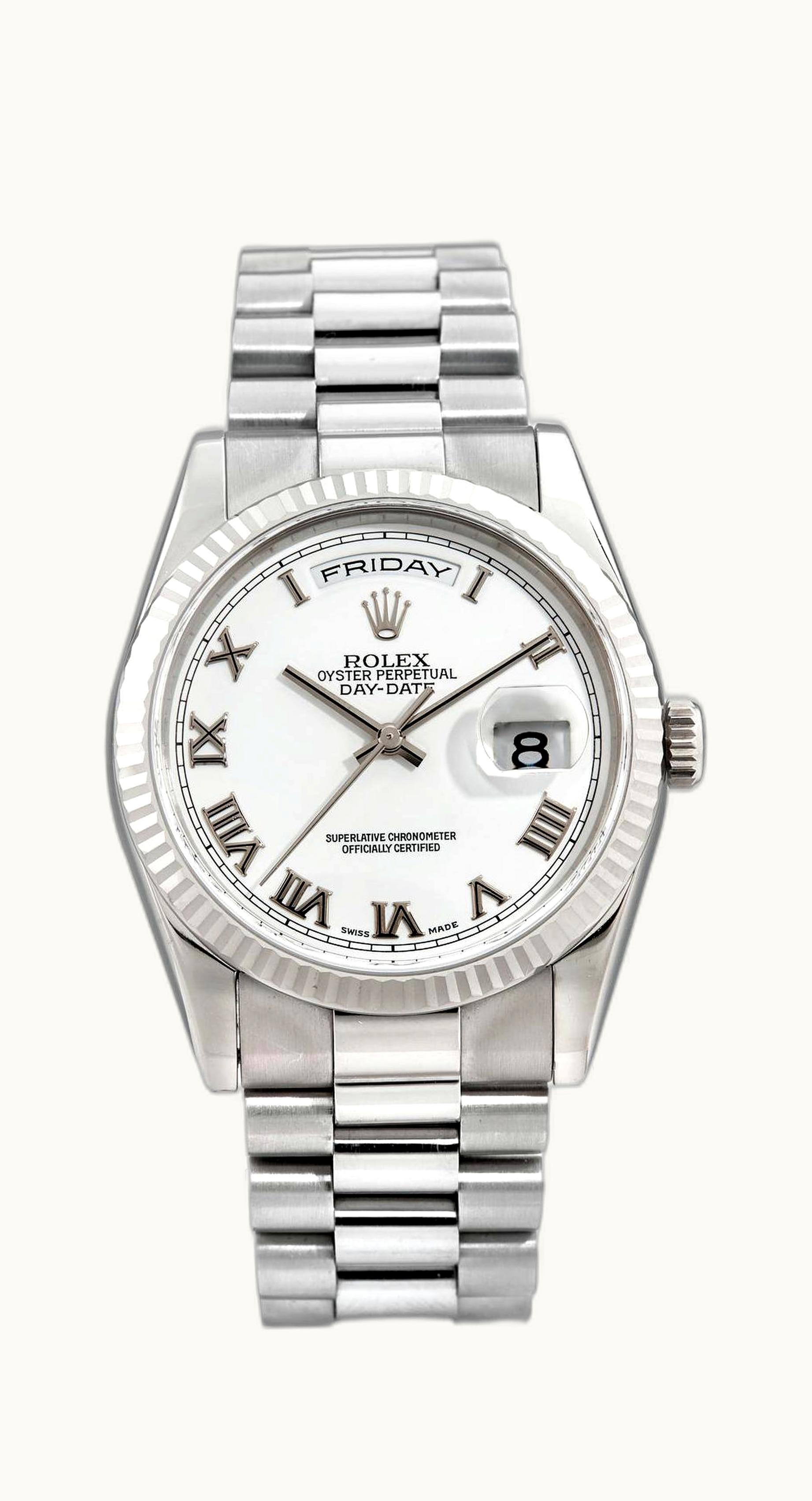 Rolex Day-Date 36 White Gold Fluted / President / White Roman