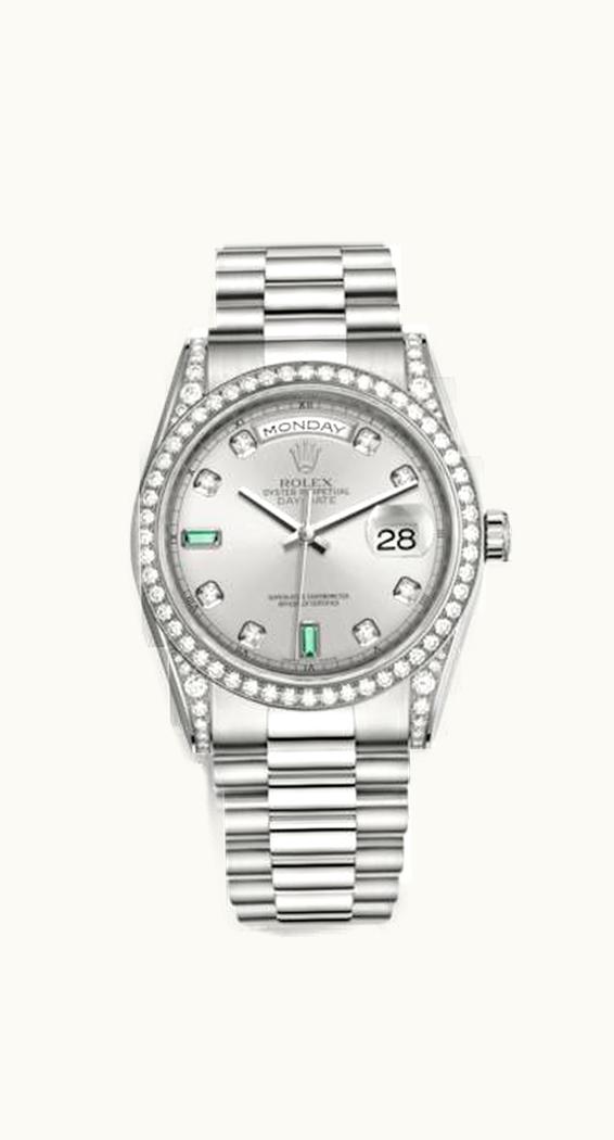Rolex Day-Date 36 White Gold Diamonds / President  / Silver Diamonds Emeralds