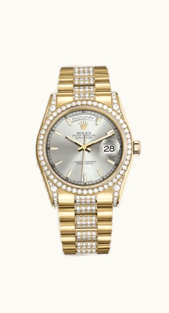 Rolex Day-Date 36 Yellow Gold Diamonds / President Diamonds / Silver