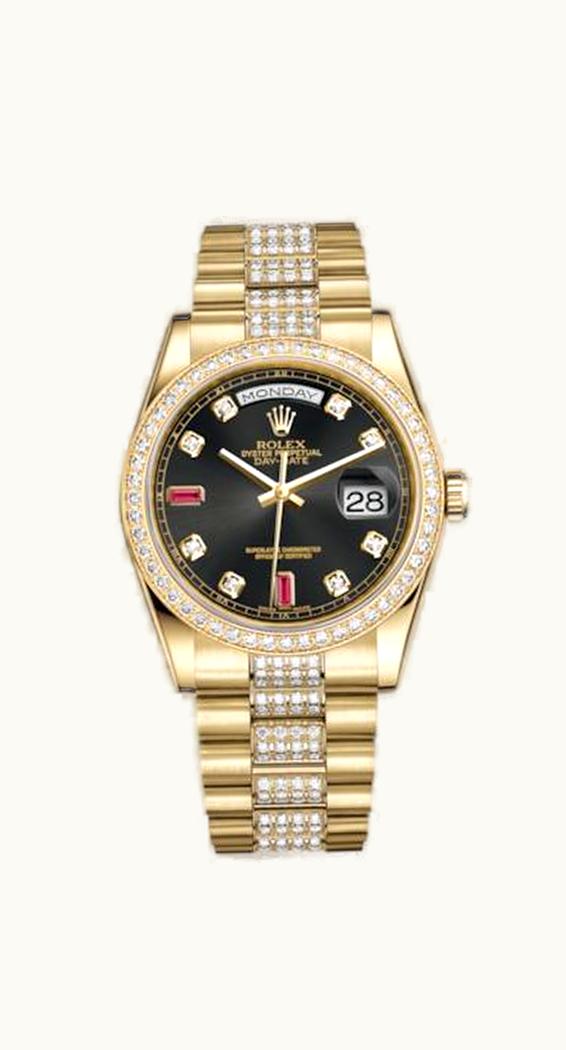 Rolex Day-Date 36 Yellow Gold Diamonds / President Diamonds / Black Diamonds Rubies