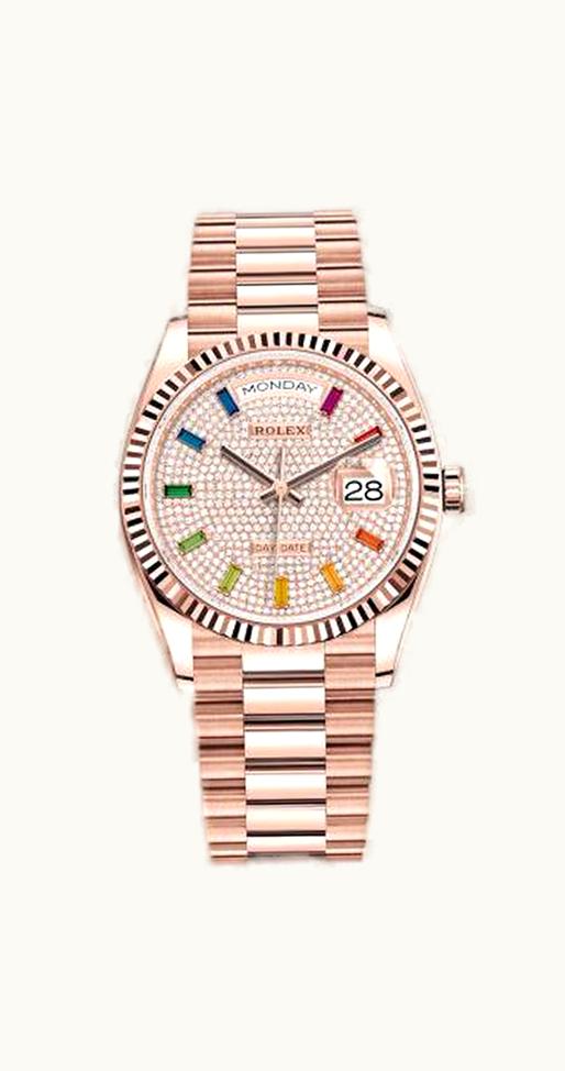 Rolex Day-Date 36 Everose Gold / Fluted / Paved-Rainbow / President