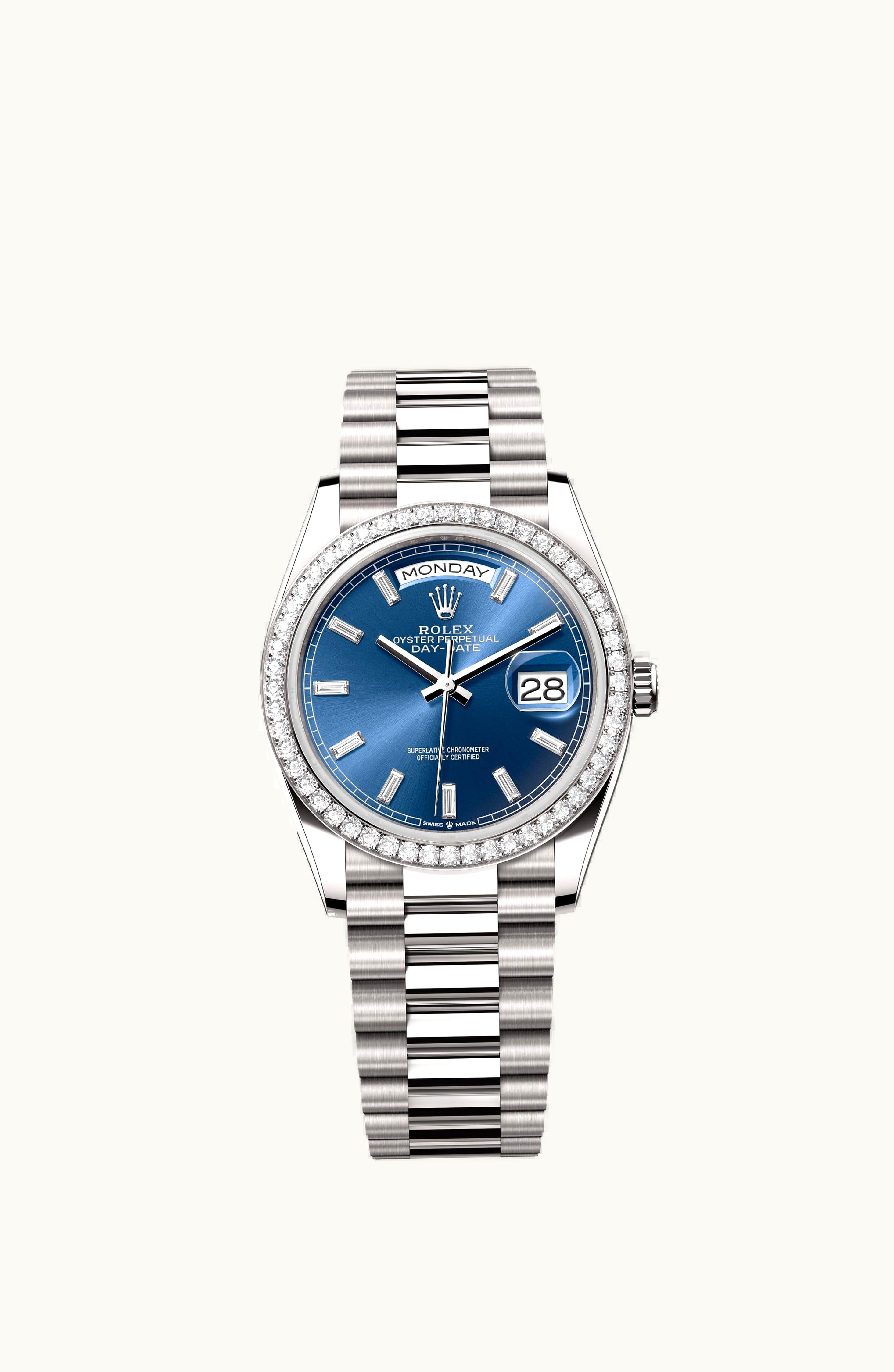 Rolex Day-Date 36 White Gold - Diamond / Bright Blue - Baguette / President