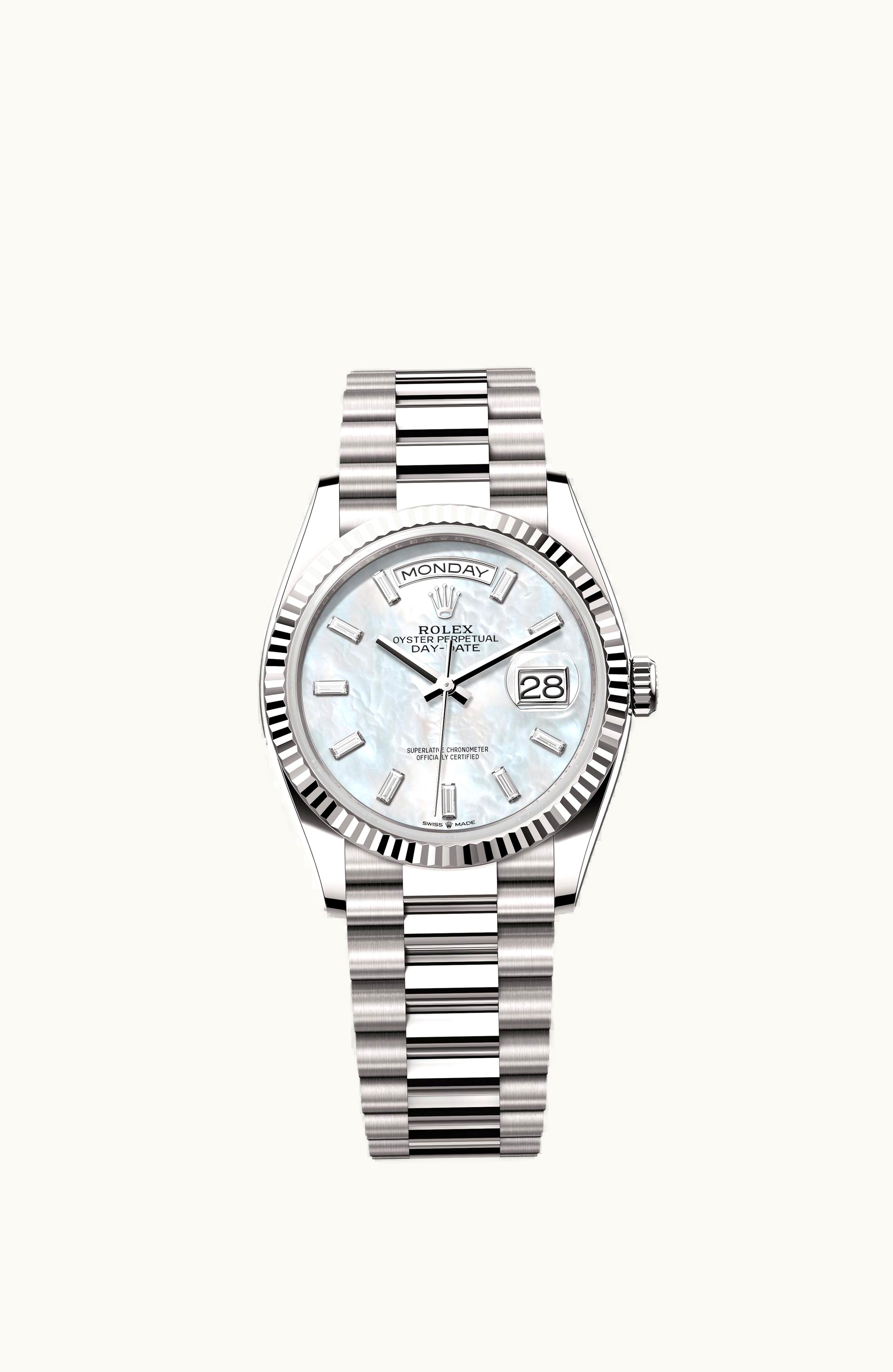 Rolex Day-Date 36 White Gold - Fluted / MOP - Baguette / President