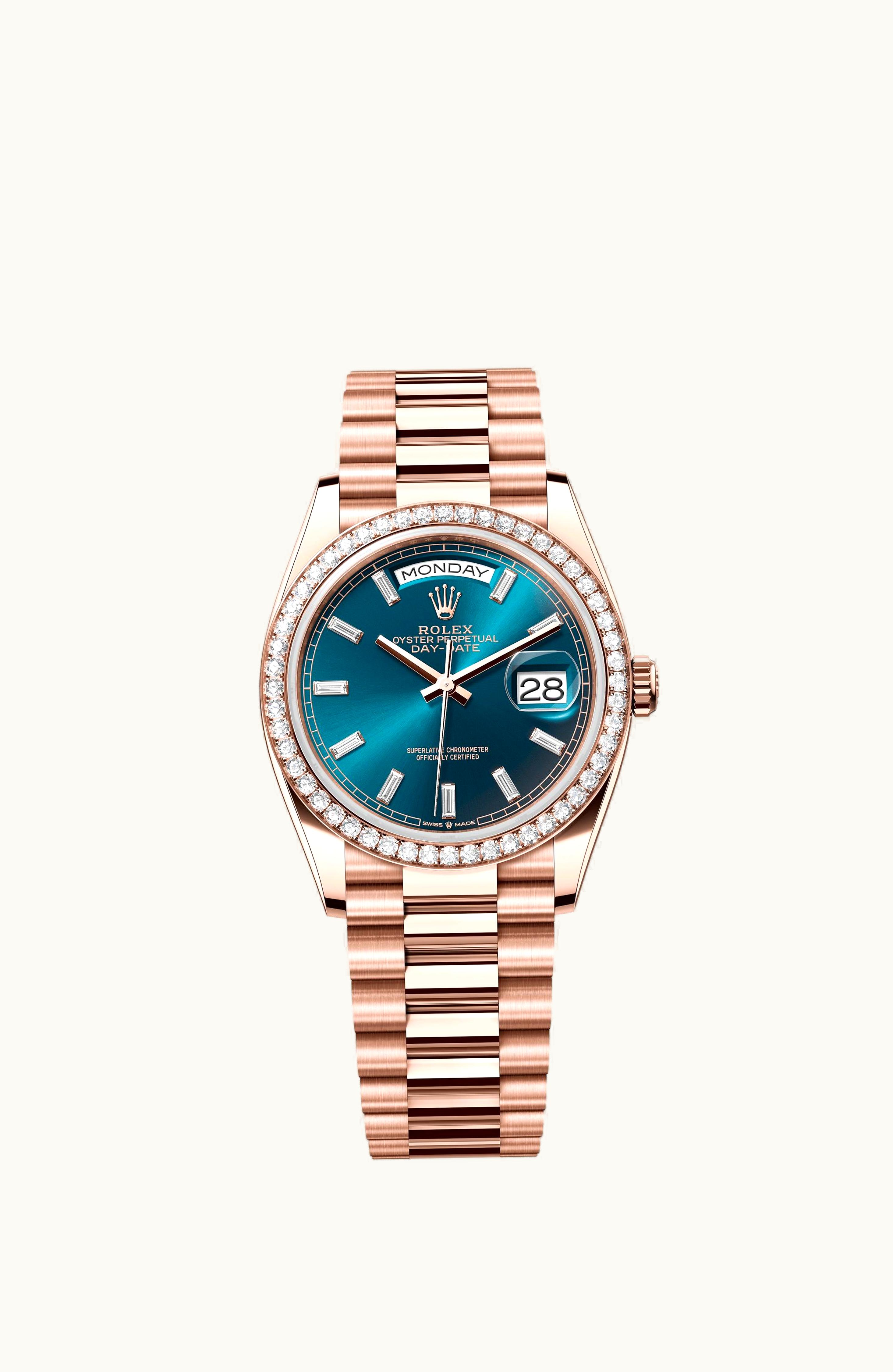 Rolex Day-Date 36 Everose Gold - Diamond / Blue-Green - Baguette / President