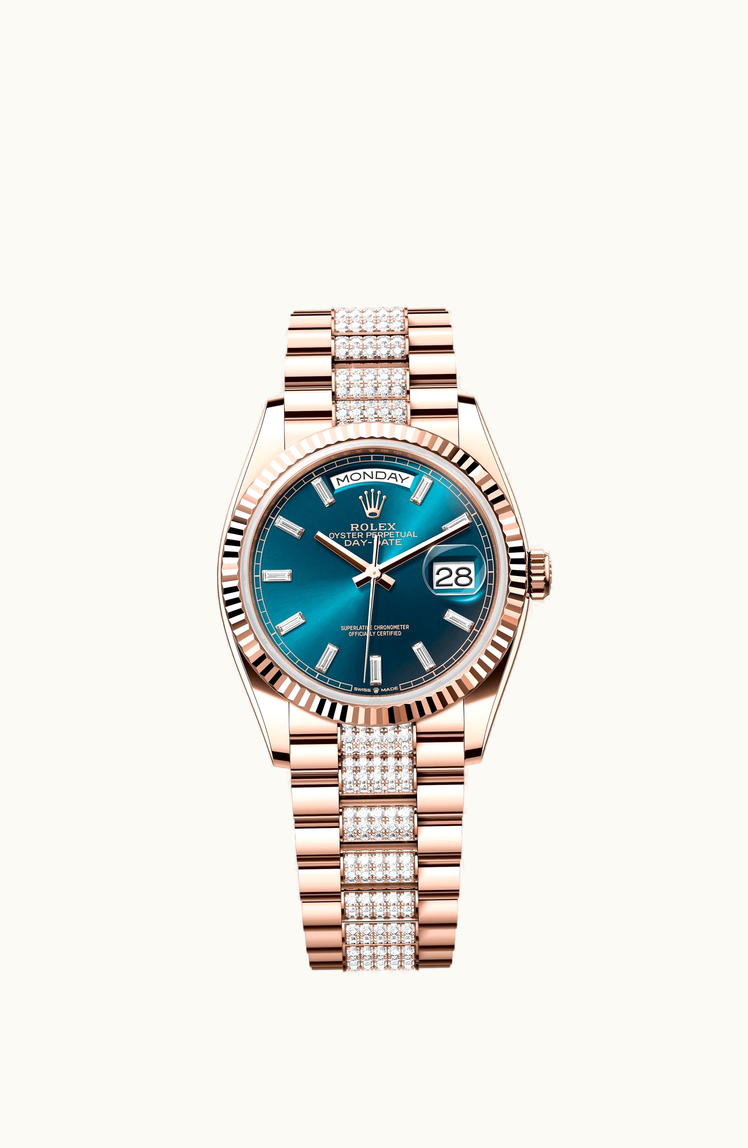 Rolex Day-Date 36 Everose Gold - Fluted / Blue-Green - Baguette / President - Diamond