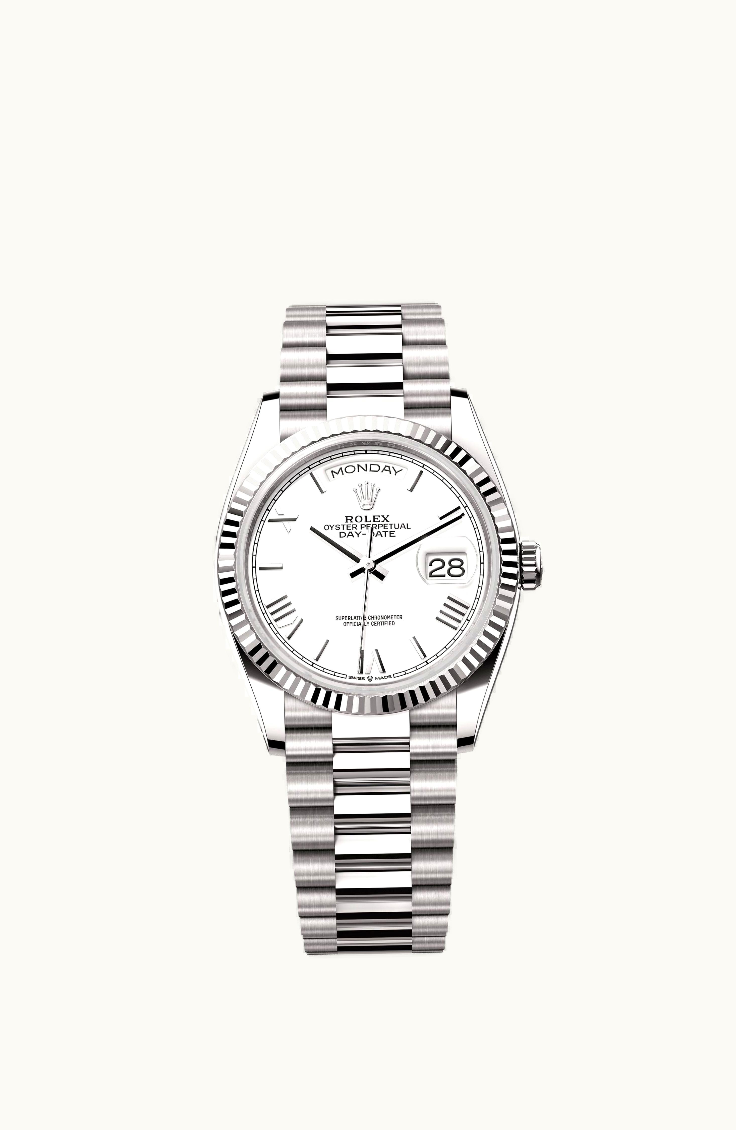 Rolex Day-Date 36 White Gold - Fluted / White - Roman / President