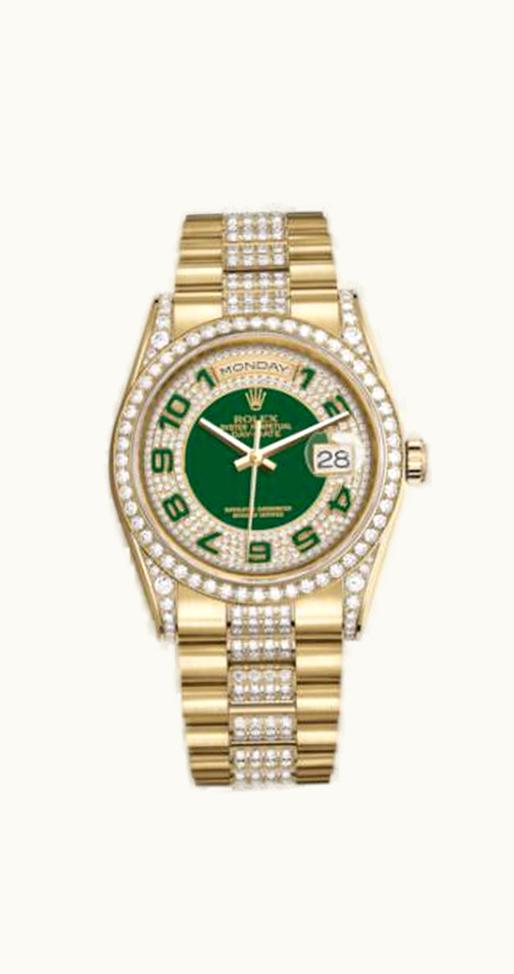 Rolex Day-Date 36 Yellow Gold Diamonds / President Diamonds / Green Paved