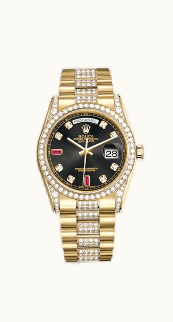 Rolex Day-Date 36 Yellow Gold Diamonds / President Diamonds / Black Diamonds Rubies