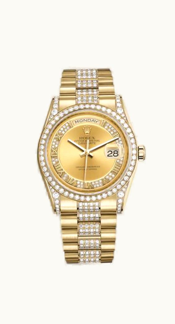Rolex Day-Date 36 Yellow Gold Diamonds / President Diamonds / Champagne Roman