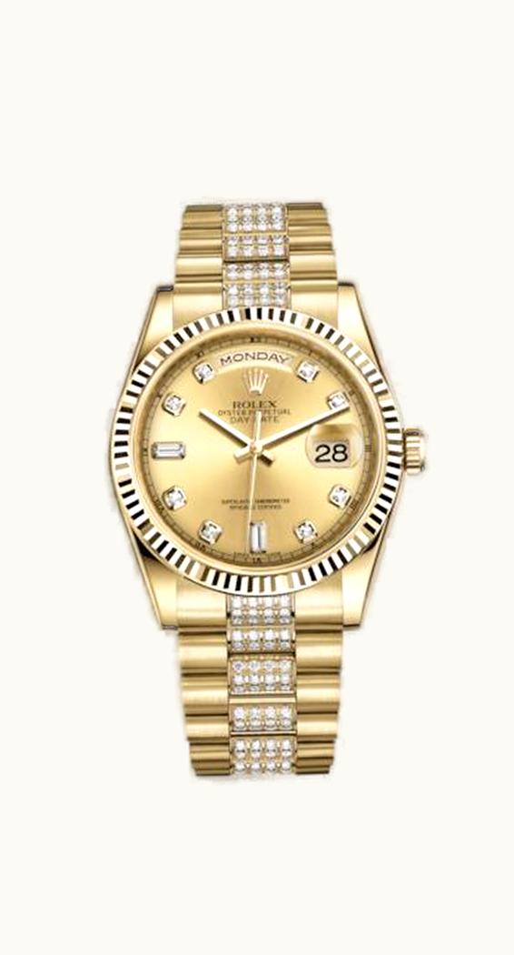 Rolex Day-Date 36 Yellow Gold Fluted / President Diamonds / Champagne Diamond