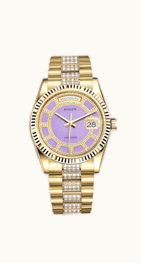 Rolex Day-Date 36 Yellow Gold Fluted / President Diamonds / Lavender Jade Carousel