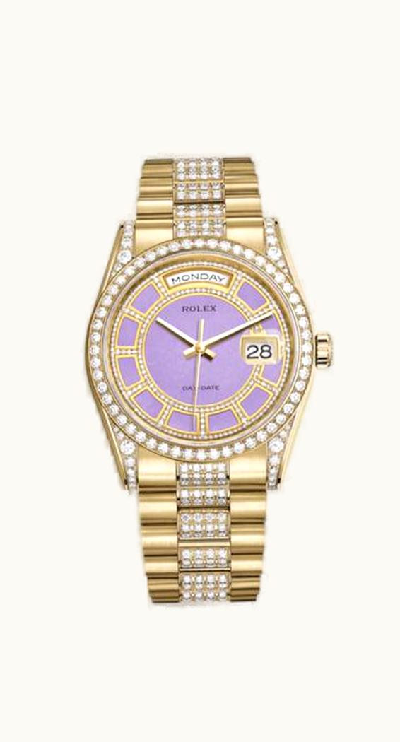 Rolex Day-Date 36 Yellow Gold Diamonds / President Diamonds / Lavender Jade Carousel