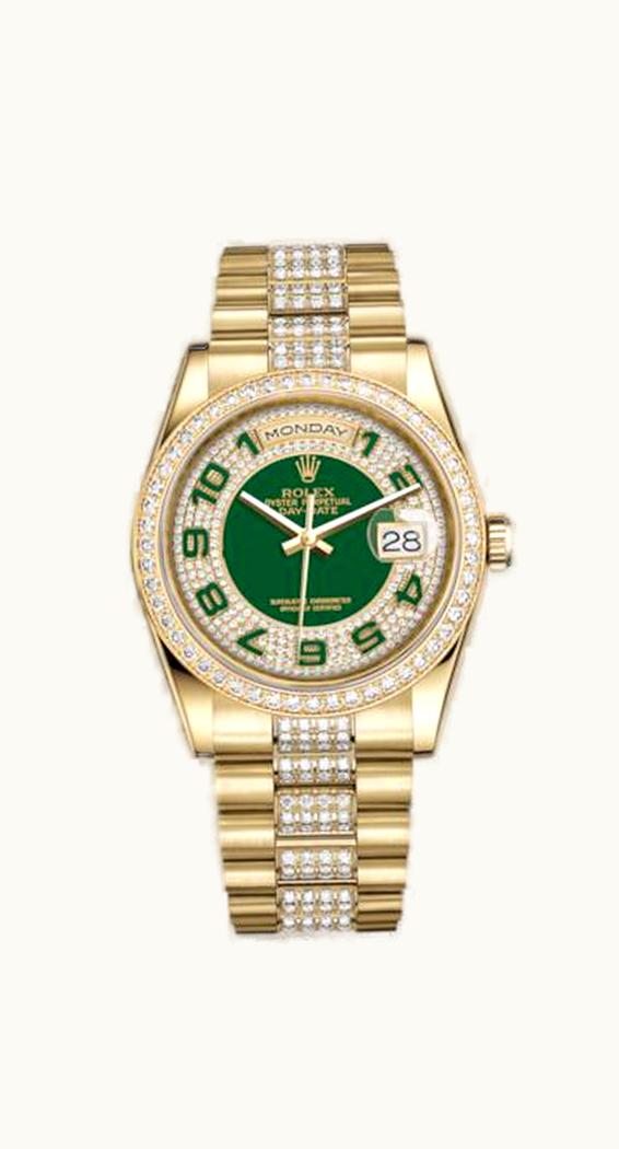 Rolex Day-Date 36 Yellow Gold Diamonds / President Diamonds / Green Paved