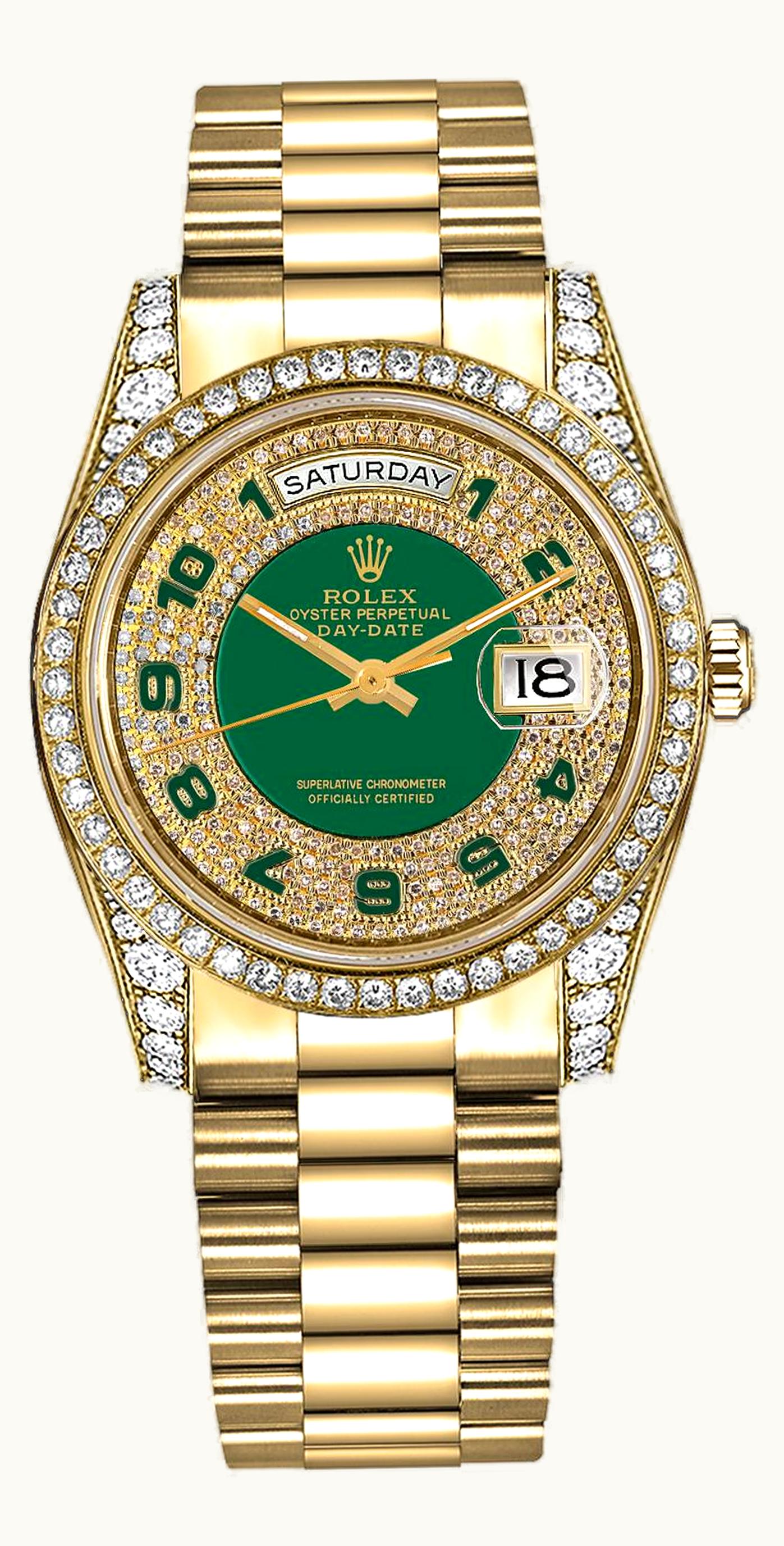 Rolex Day-Date 36 Yellow Gold Diamonds / President / Green Paved