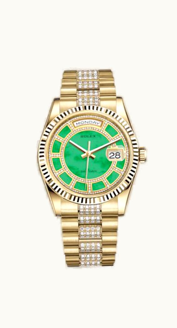 Rolex Day-Date 36 Yellow Gold Fluted / President Diamonds / Green Jade Carousel