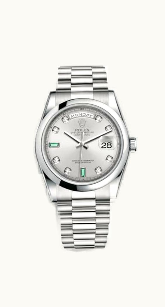 Rolex Day-Date 36 Platinum Domed / President / Silver Diamond Emerald